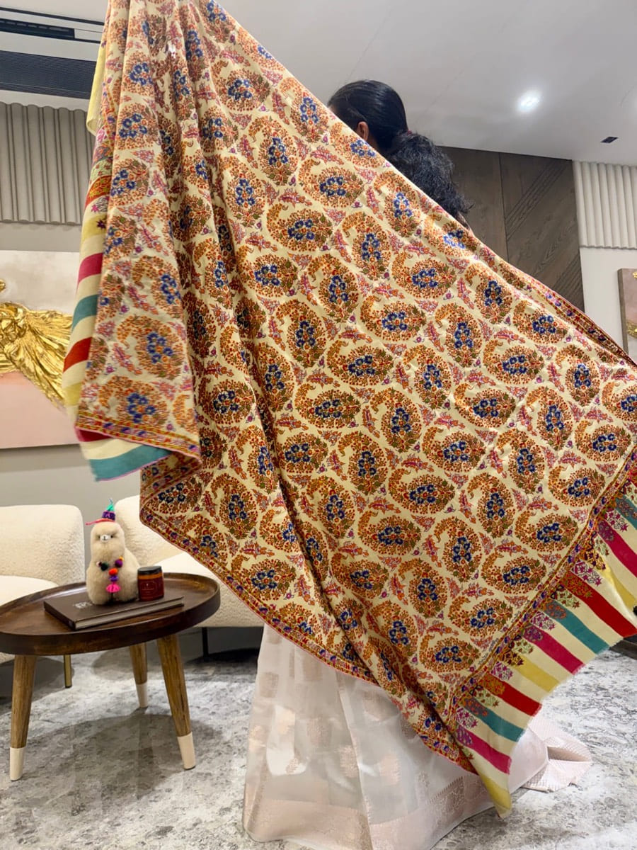 Handwoven Kani Shawl with Sozni Needlework — Kani, Pashmina, Kashmir, view 6
