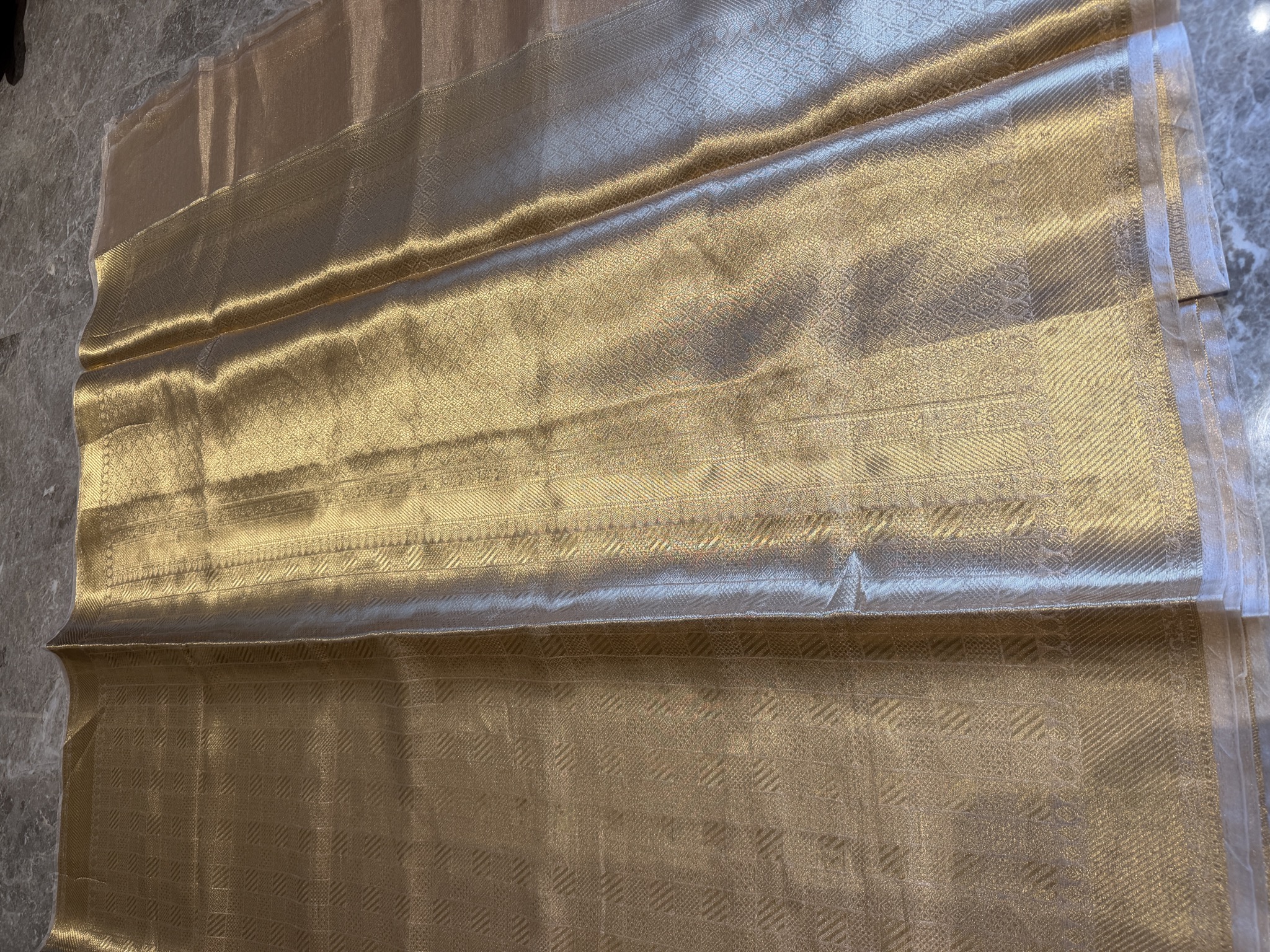 Tissue Silk Gold Kanjeewaram Saree — All-Over Zari Checkered Weave — Kanjeewaram, Silk Tissue, Kanchipuram, Tamil Nadu, view 6