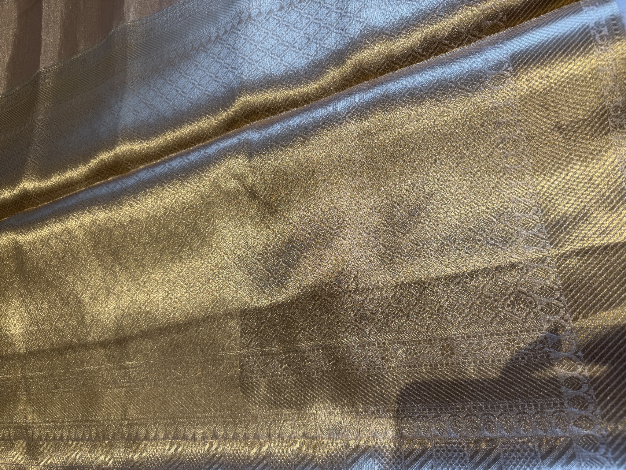 Tissue Silk Gold Kanjeewaram Saree — All-Over Zari Checkered Weave — Kanjeewaram, Silk Tissue, Kanchipuram, Tamil Nadu, view 13