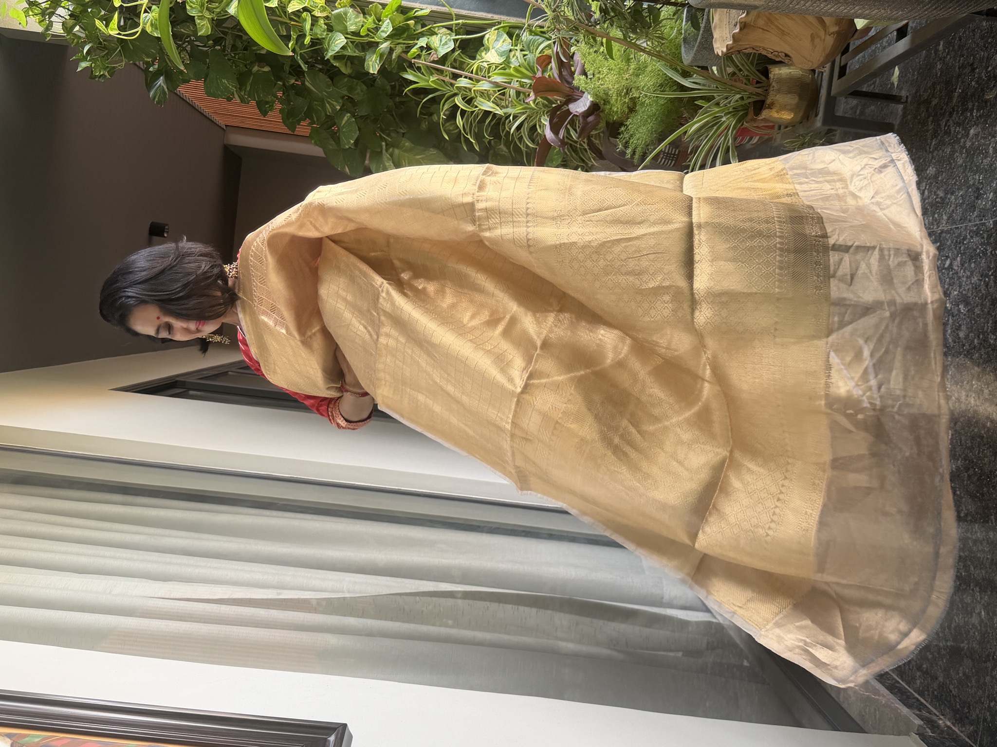 Tissue Silk Gold Kanjeewaram Saree — All-Over Zari Checkered Weave — Kanjeewaram, Silk Tissue, Kanchipuram, Tamil Nadu, view 2