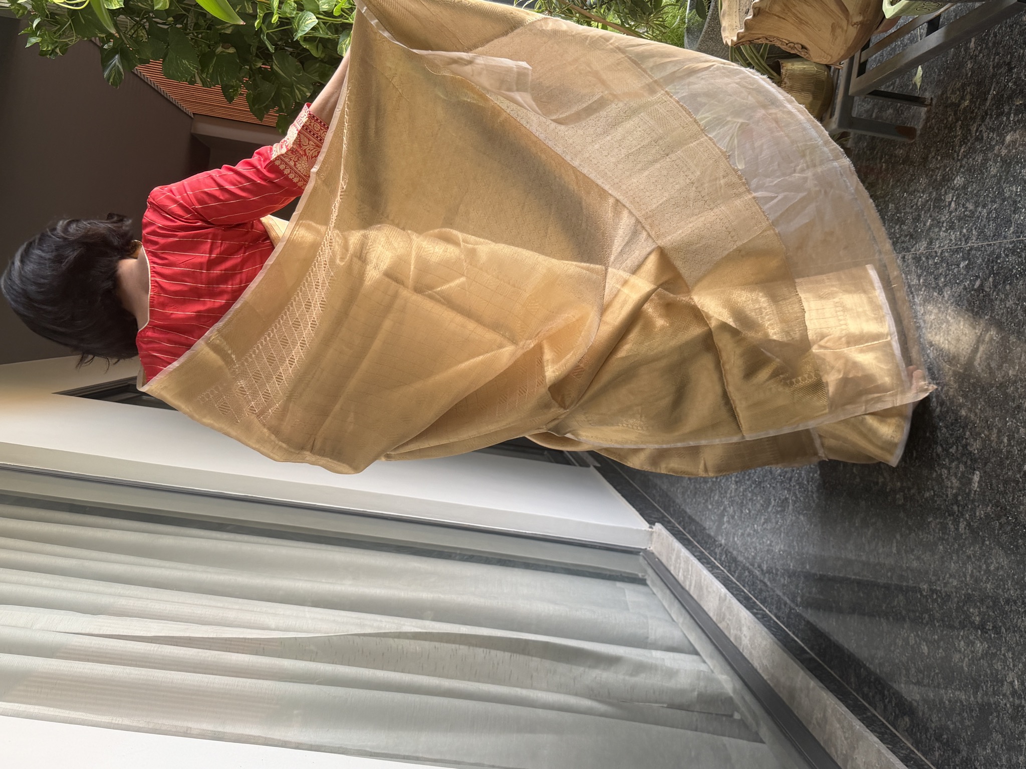 Tissue Silk Gold Kanjeewaram Saree — All-Over Zari Checkered Weave — Kanjeewaram, Silk Tissue, Kanchipuram, Tamil Nadu, view 5