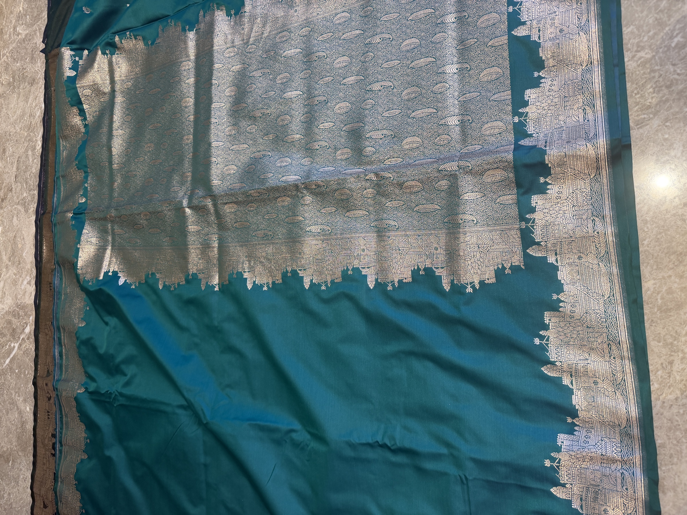 Bottle Green Mushroo Silk Banarasi — Kashi Assi 80 Ghat — Banarasi, Mushroo Silk, Varanasi, Uttar Pradesh, view 6