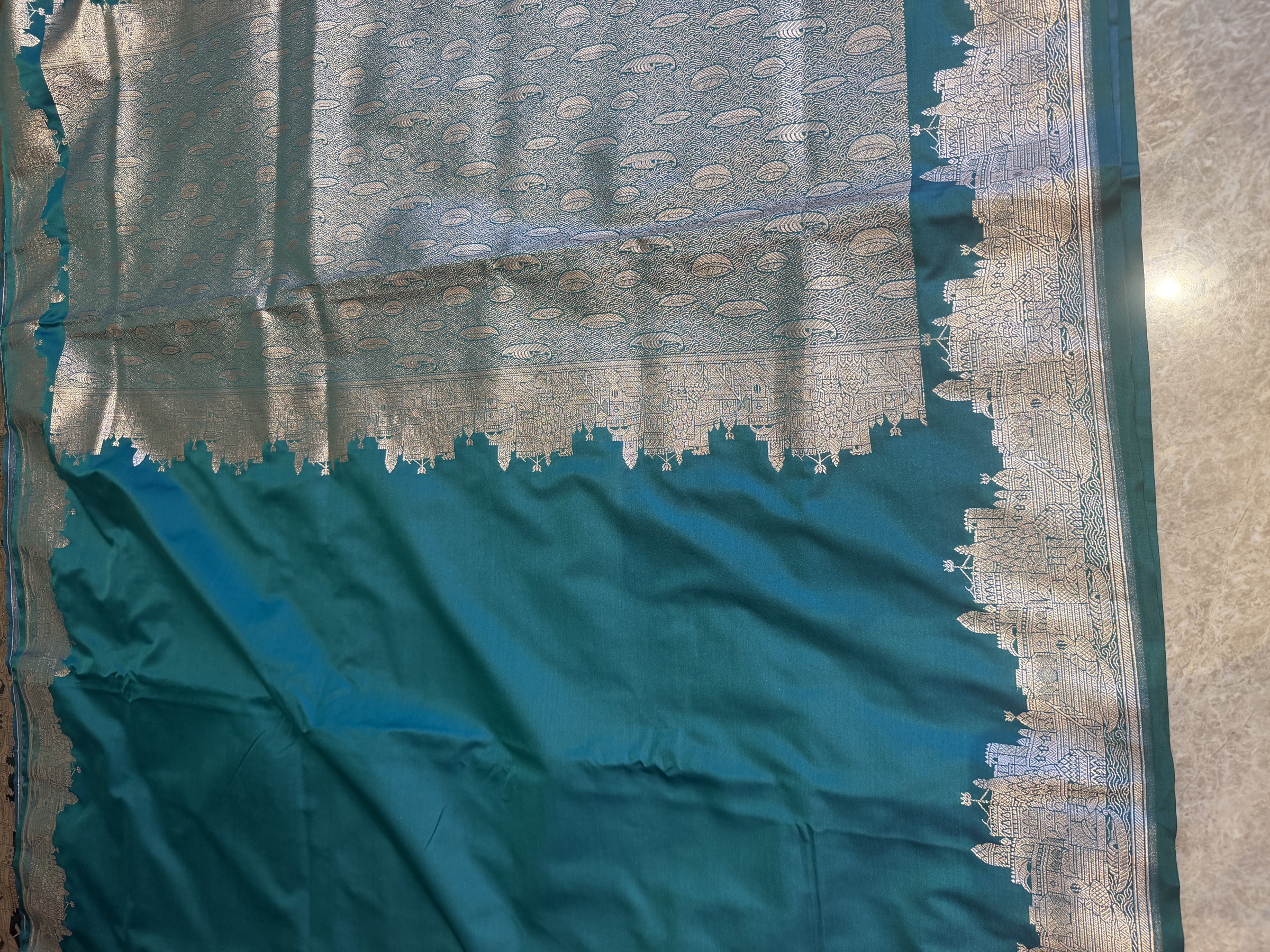 Bottle Green Mushroo Silk Banarasi — Kashi Assi 80 Ghat — Banarasi, Mushroo Silk, Varanasi, Uttar Pradesh, view 7
