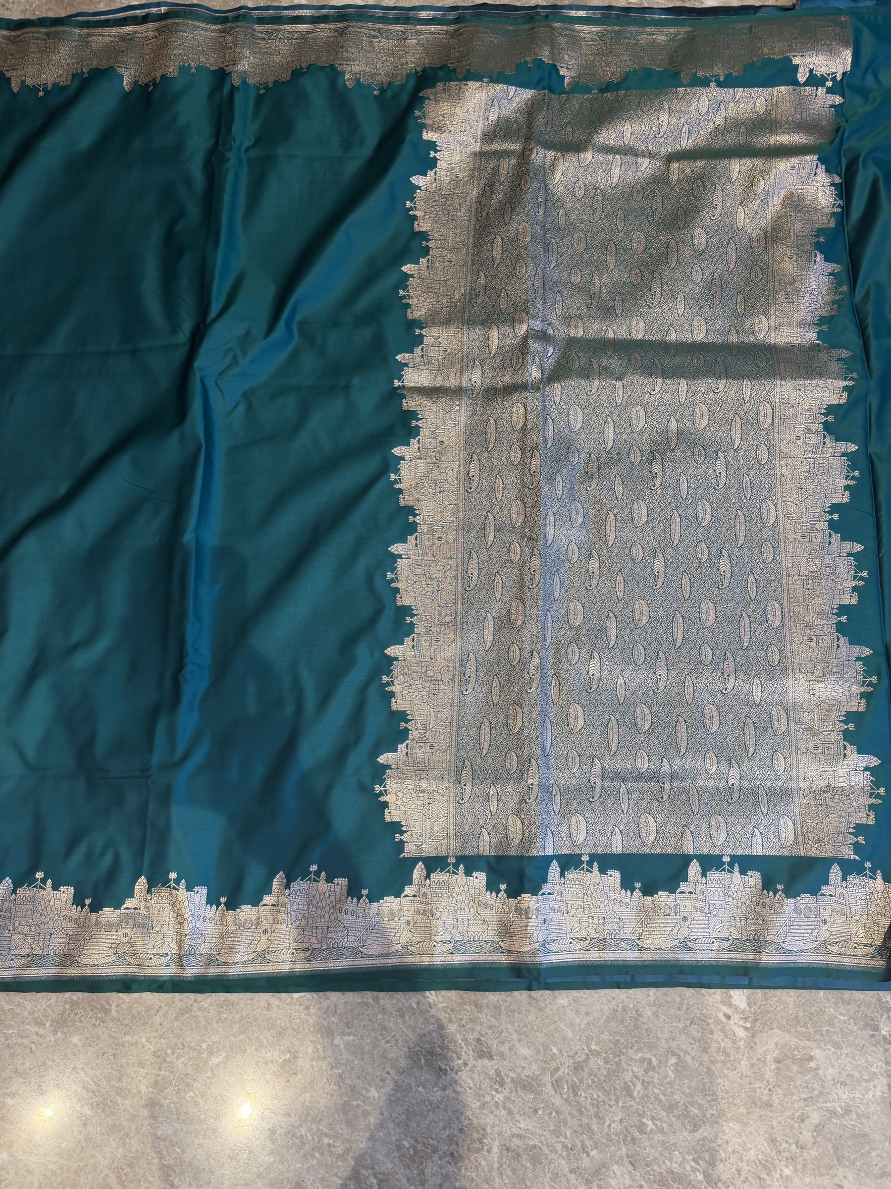 Bottle Green Mushroo Silk Banarasi — Kashi Assi 80 Ghat — Banarasi, Mushroo Silk, Varanasi, Uttar Pradesh, view 8