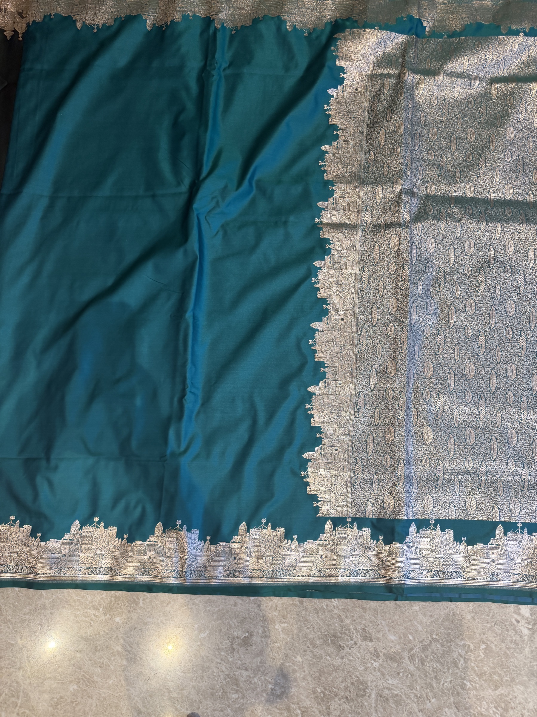 Bottle Green Mushroo Silk Banarasi — Kashi Assi 80 Ghat — Banarasi, Mushroo Silk, Varanasi, Uttar Pradesh, view 9