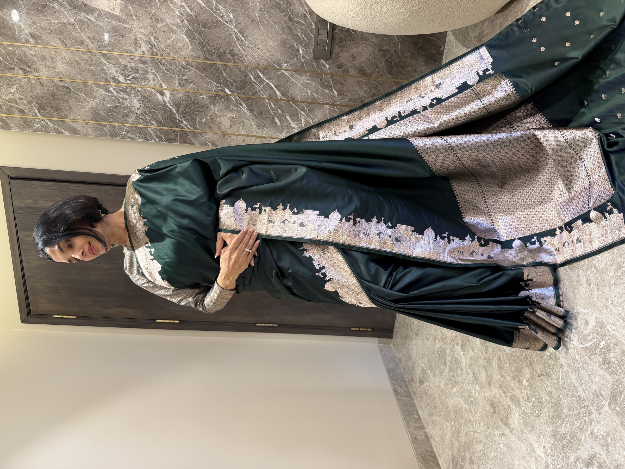 Bottle Green Mushroo Silk Banarasi — Kashi Assi 80 Ghat — Banarasi, Mushroo Silk, Varanasi, Uttar Pradesh, view 2