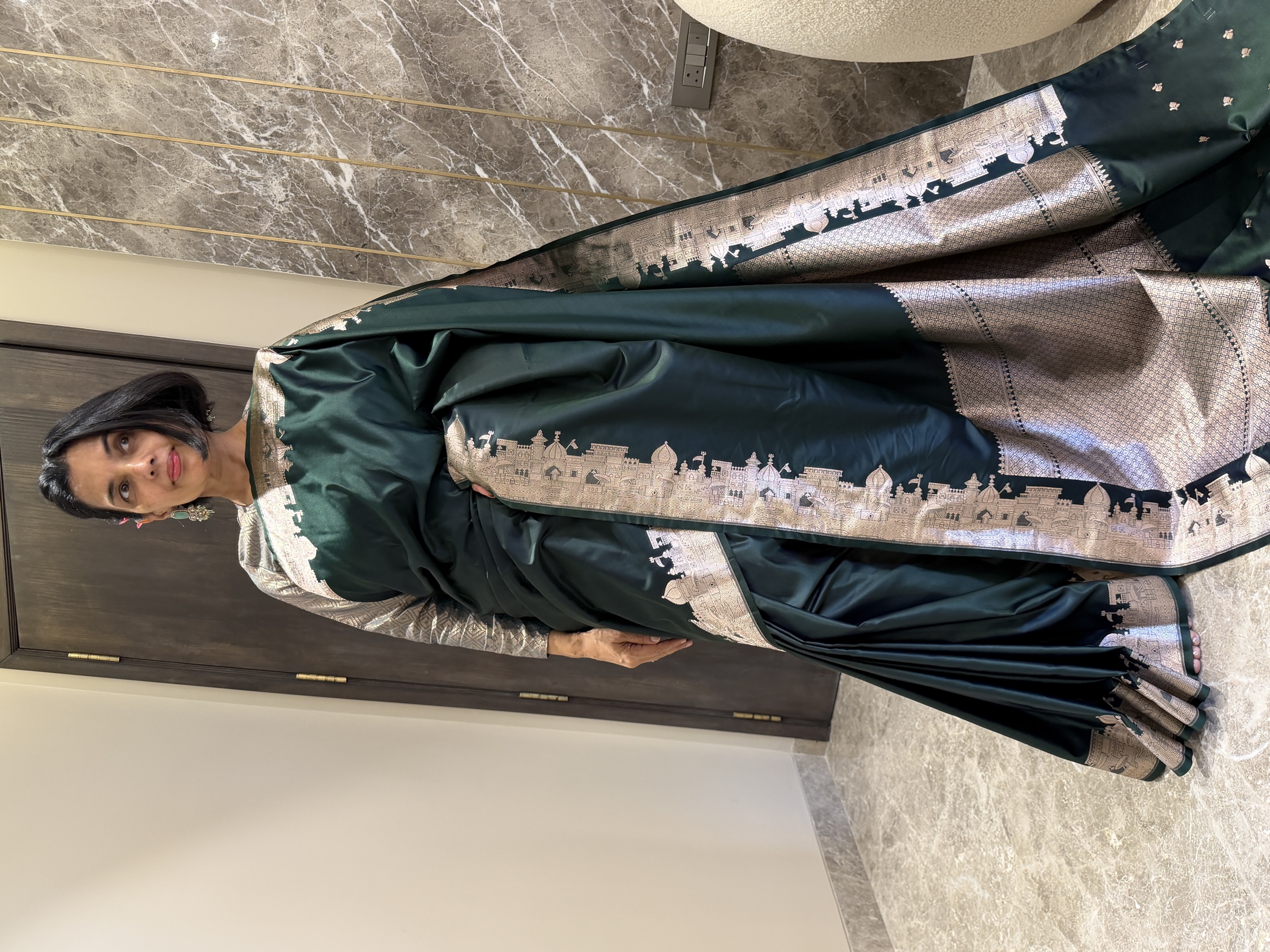 Bottle Green Mushroo Silk Banarasi — Kashi Assi 80 Ghat — Banarasi, Mushroo Silk, Varanasi, Uttar Pradesh, view 4