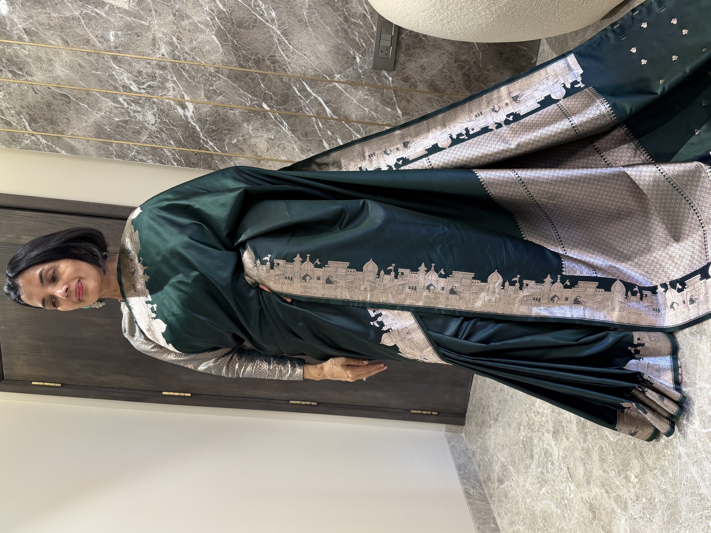 Bottle Green Mushroo Silk Banarasi — Kashi Assi 80 Ghat — Banarasi, Mushroo Silk, Varanasi, Uttar Pradesh, view 5