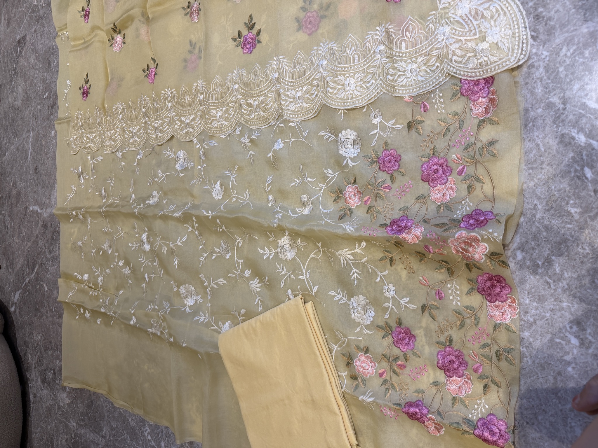 Kora Silk Unstitched Suit Set with Parsi Gara Embroidery — Kora Silk, India, view 4