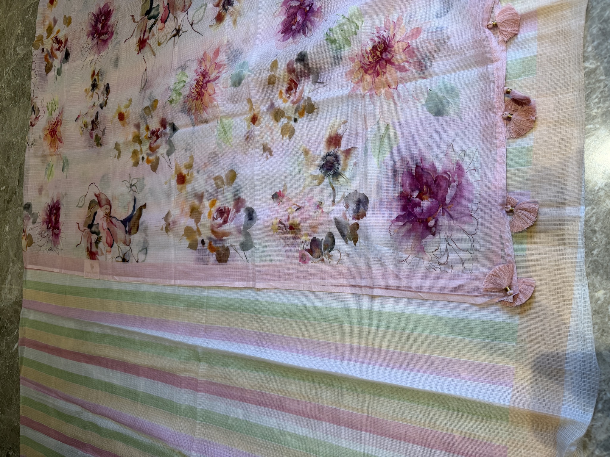 Kota Doria Pastel Stripe & Floral Print Unstitched Suit Set — Kota Doria, Kota, Rajasthan, view 2