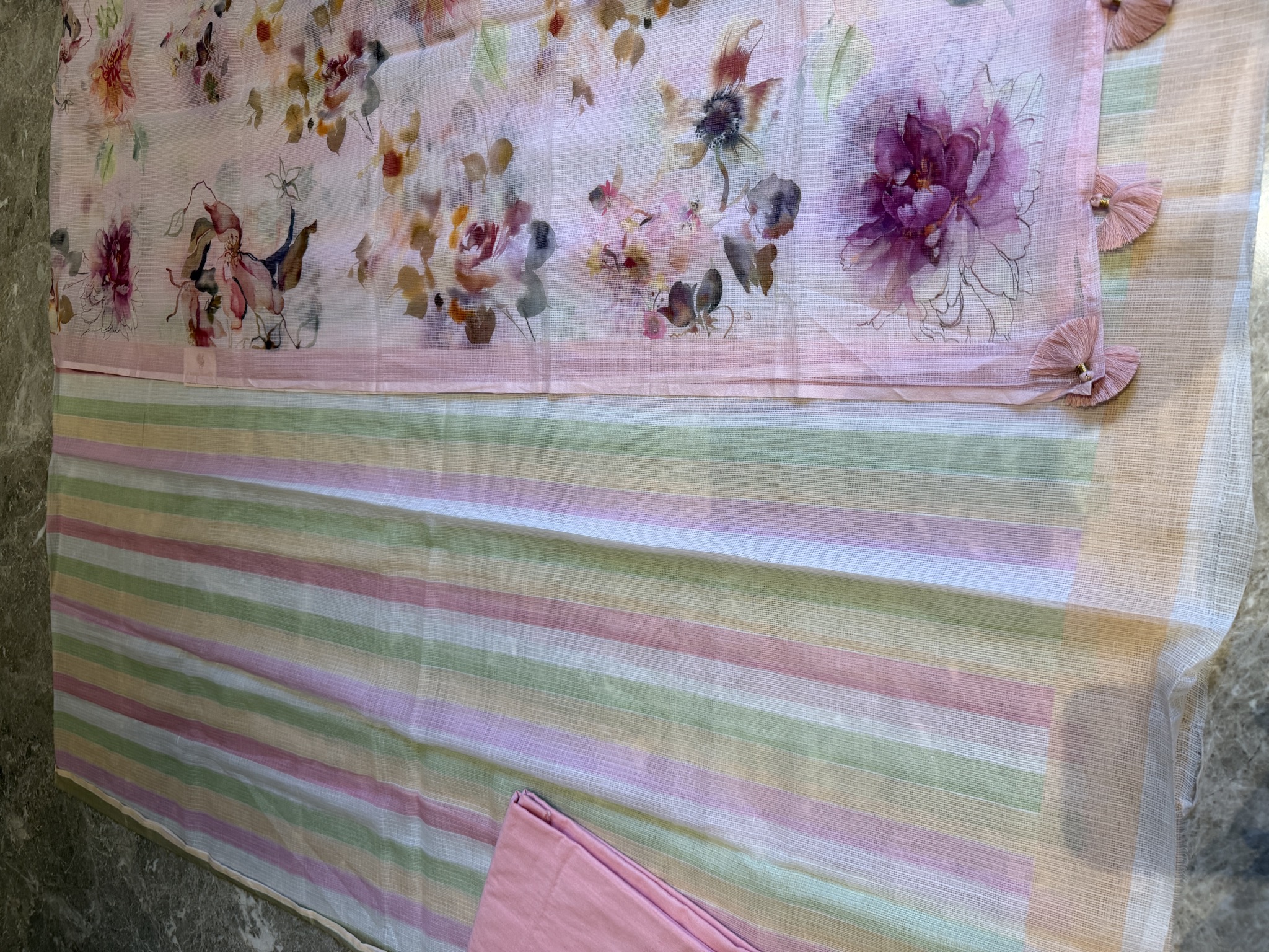 Kota Doria Pastel Stripe & Floral Print Unstitched Suit Set — Kota Doria, Kota, Rajasthan