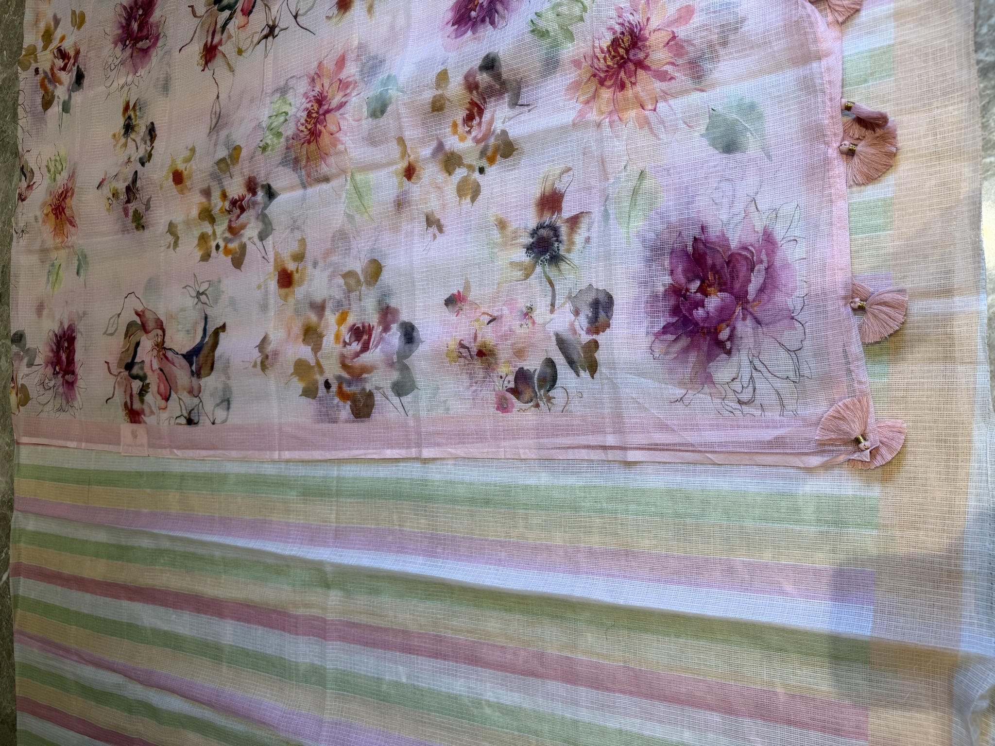 Kota Doria Pastel Stripe & Floral Print Unstitched Suit Set — Kota Doria, Kota, Rajasthan, view 3