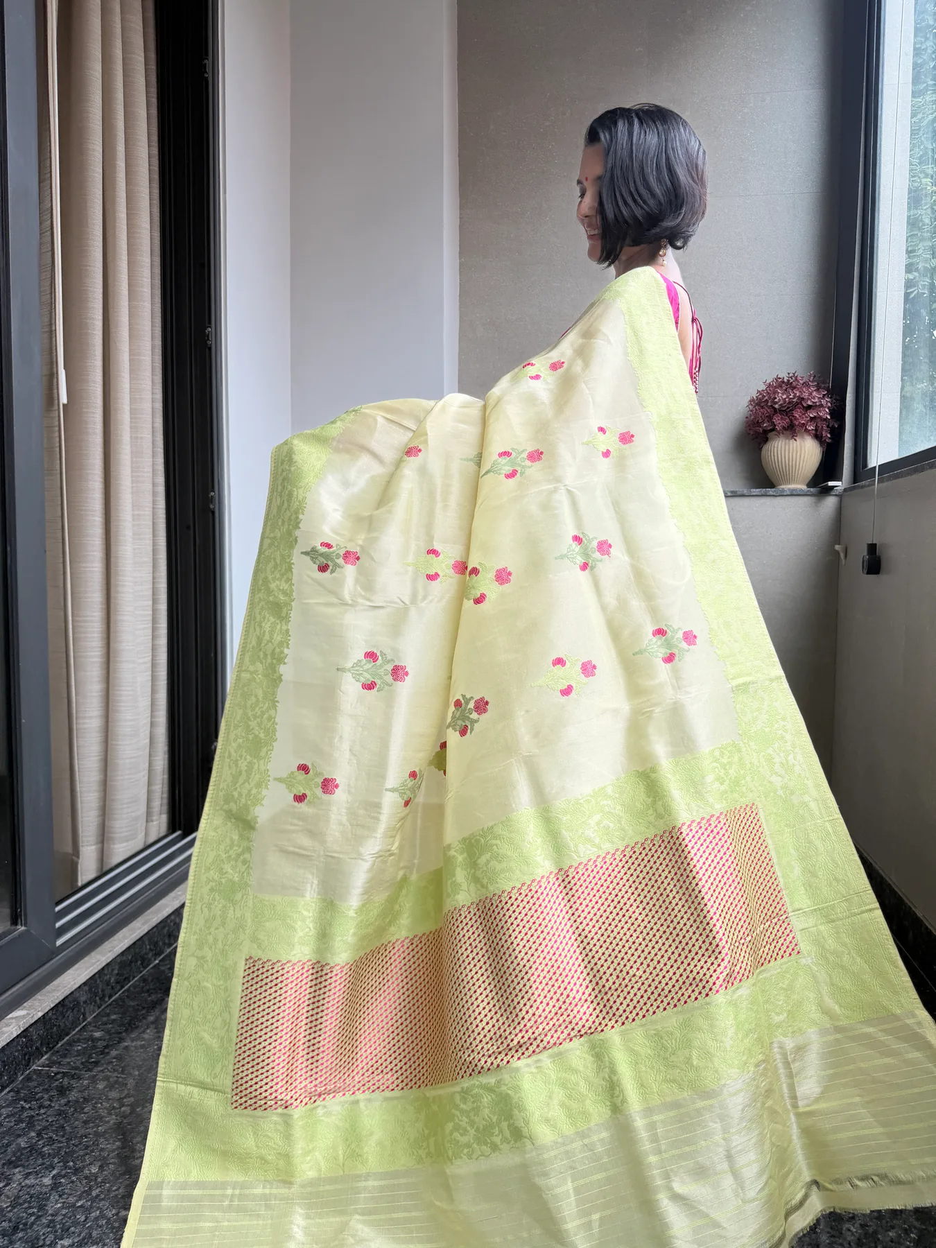 Lemon & Lime Tissue Kora Silk Mekhela Chador-Inspired Banarasi Saree — Banarasi, Tissue Kora Silk, Varanasi, Uttar Pradesh, view 9