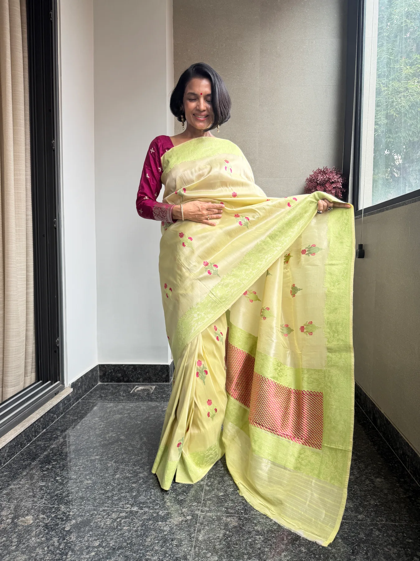 Lemon & Lime Tissue Kora Silk Mekhela Chador-Inspired Banarasi Saree — Banarasi, Tissue Kora Silk, Varanasi, Uttar Pradesh, view 8