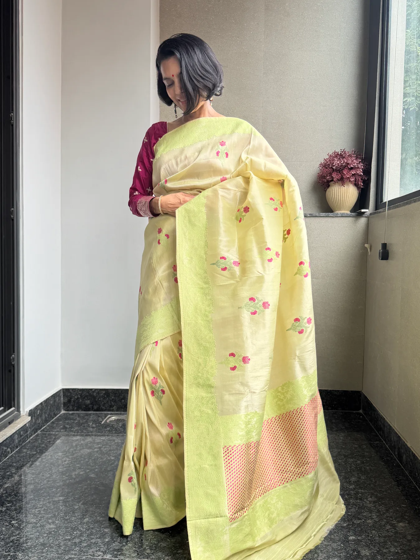 Lemon & Lime Tissue Kora Silk Mekhela Chador-Inspired Banarasi Saree — Banarasi, Tissue Kora Silk, Varanasi, Uttar Pradesh, view 7