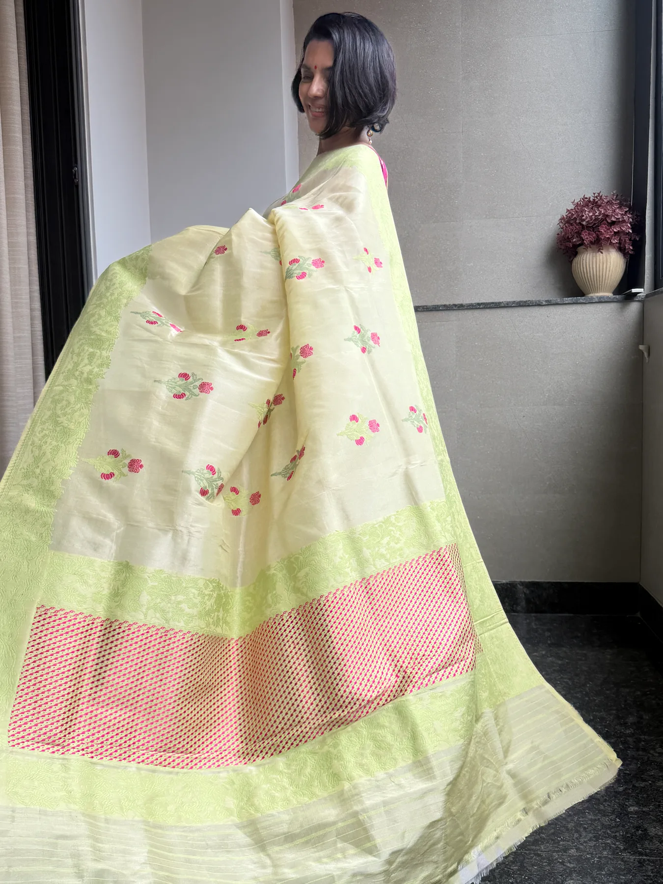 Lemon & Lime Tissue Kora Silk Mekhela Chador-Inspired Banarasi Saree — Banarasi, Tissue Kora Silk, Varanasi, Uttar Pradesh, view 2