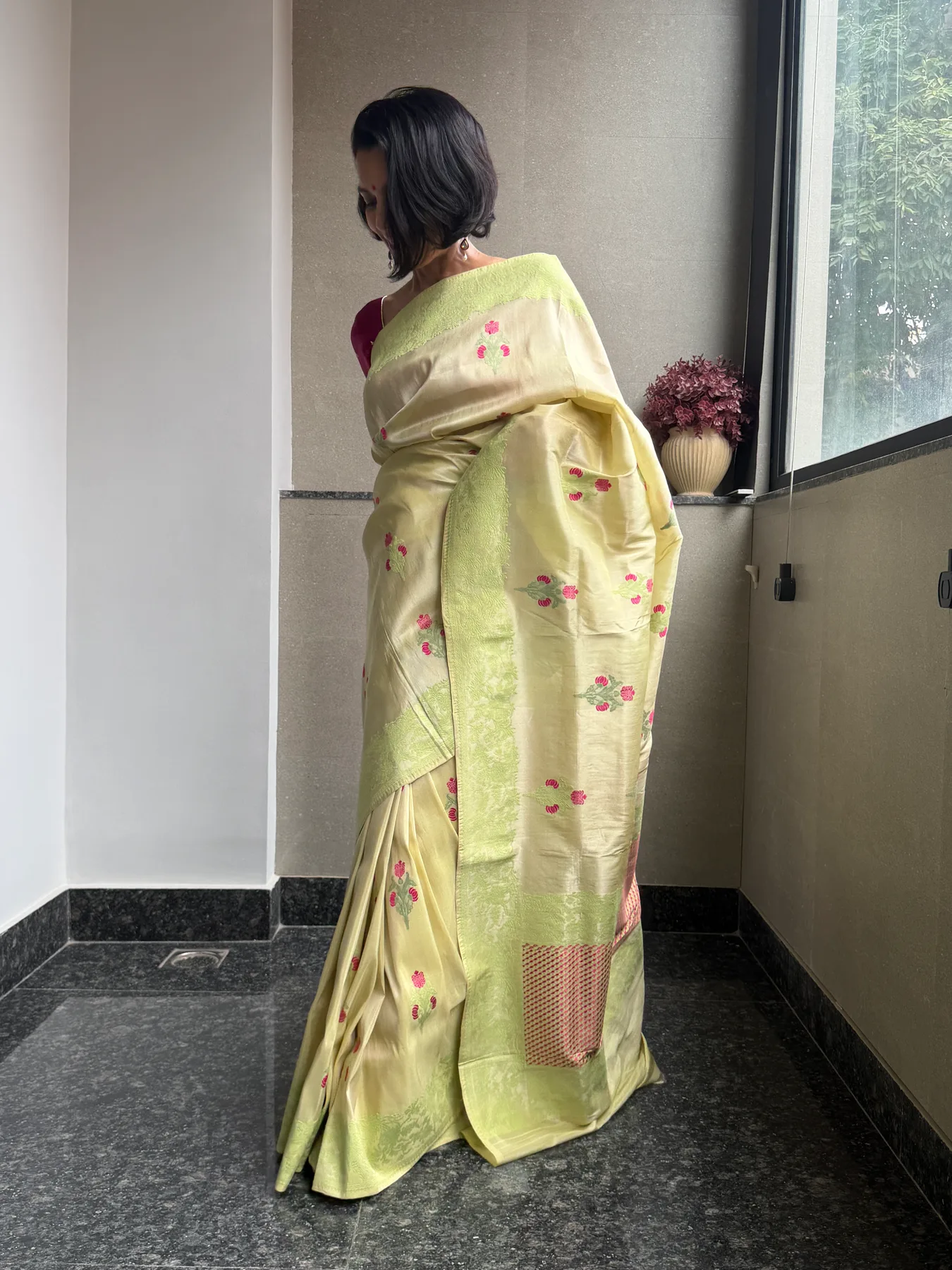 Lemon & Lime Tissue Kora Silk Mekhela Chador-Inspired Banarasi Saree — Banarasi, Tissue Kora Silk, Varanasi, Uttar Pradesh, view 6