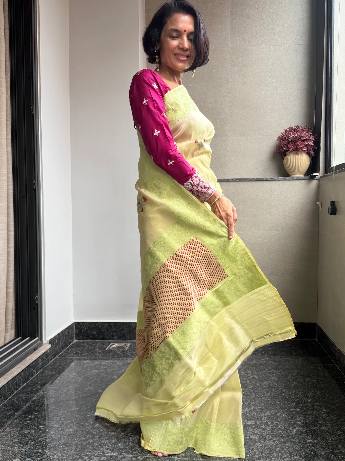 Lemon & Lime Tissue Kora Silk Mekhela Chador-Inspired Banarasi Saree — Banarasi, Tissue Kora Silk, Varanasi, Uttar Pradesh, view 5