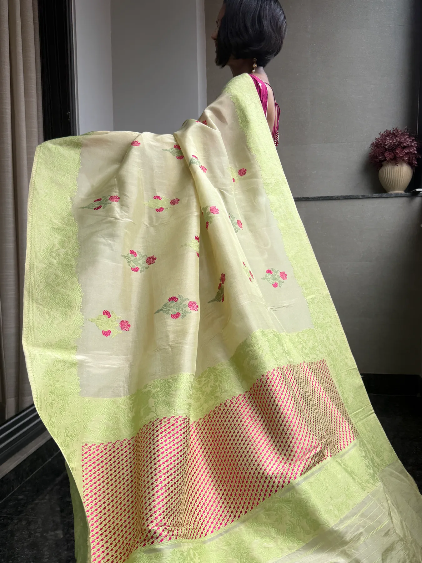 Lemon & Lime Tissue Kora Silk Mekhela Chador-Inspired Banarasi Saree — Banarasi, Tissue Kora Silk, Varanasi, Uttar Pradesh, view 4