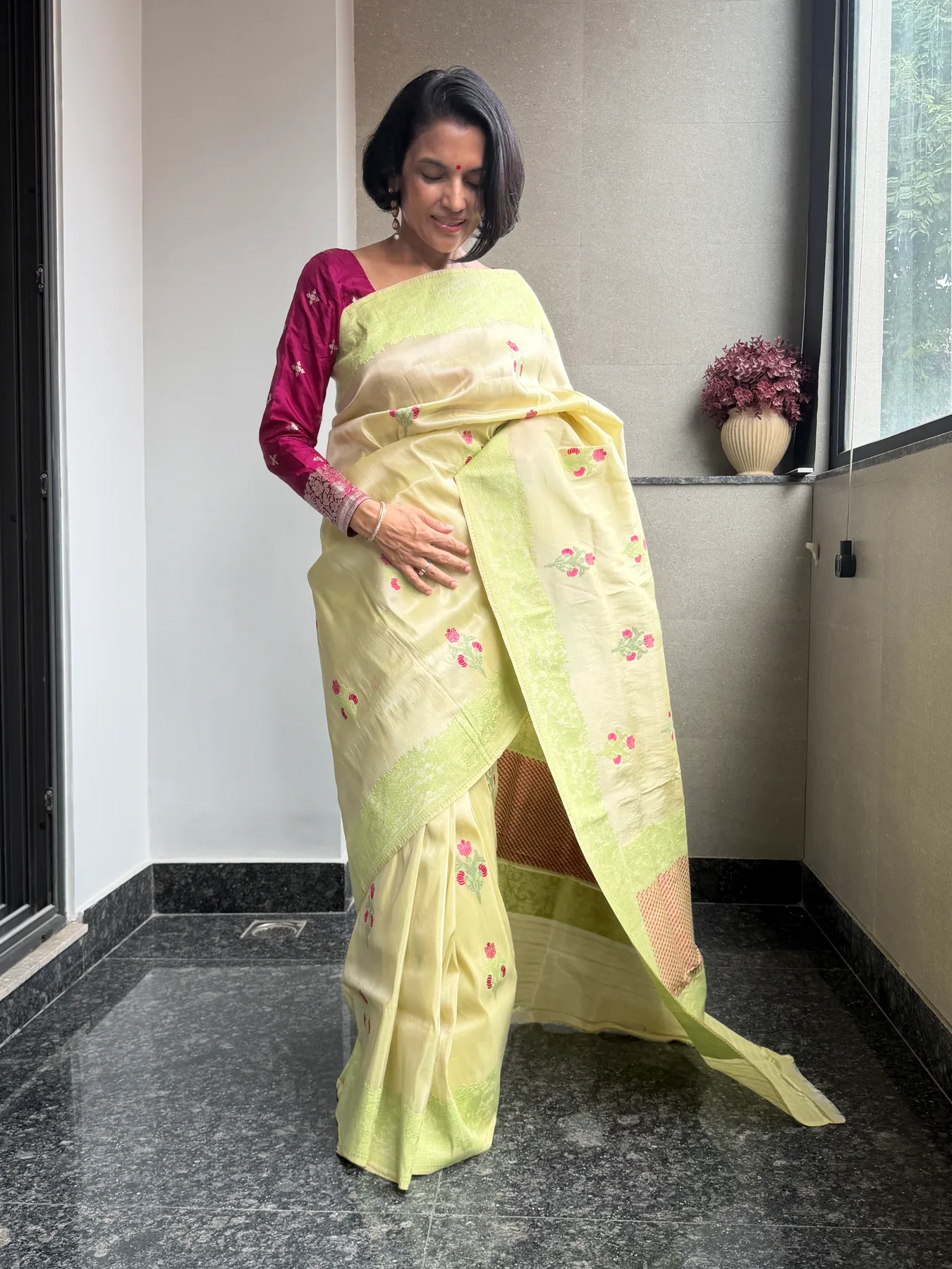 Lemon & Lime Tissue Kora Silk Mekhela Chador-Inspired Banarasi Saree — Banarasi, Tissue Kora Silk, Varanasi, Uttar Pradesh, view 3