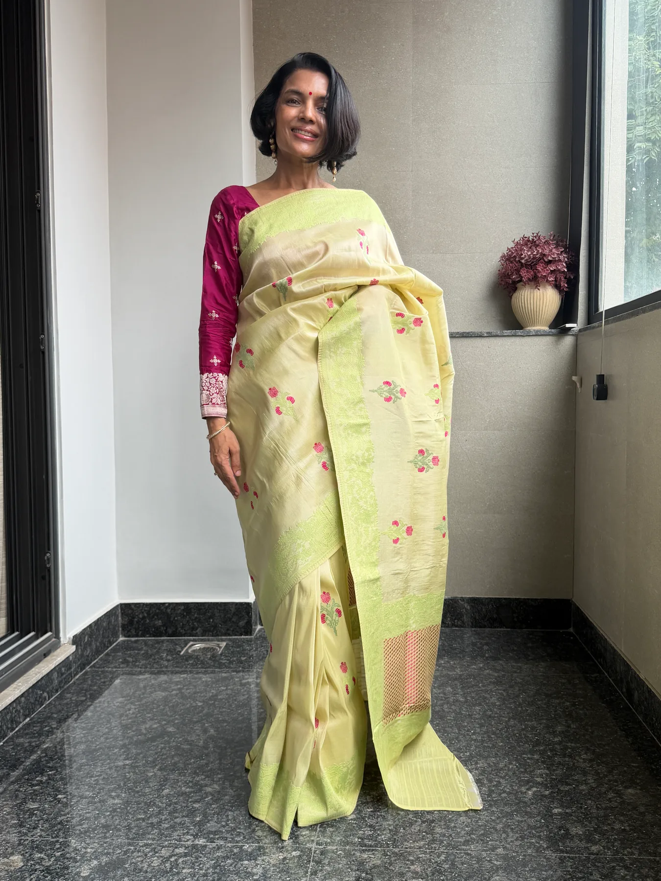 Lemon & Lime Tissue Kora Silk Mekhela Chador-Inspired Banarasi Saree — Banarasi, Tissue Kora Silk, Varanasi, Uttar Pradesh