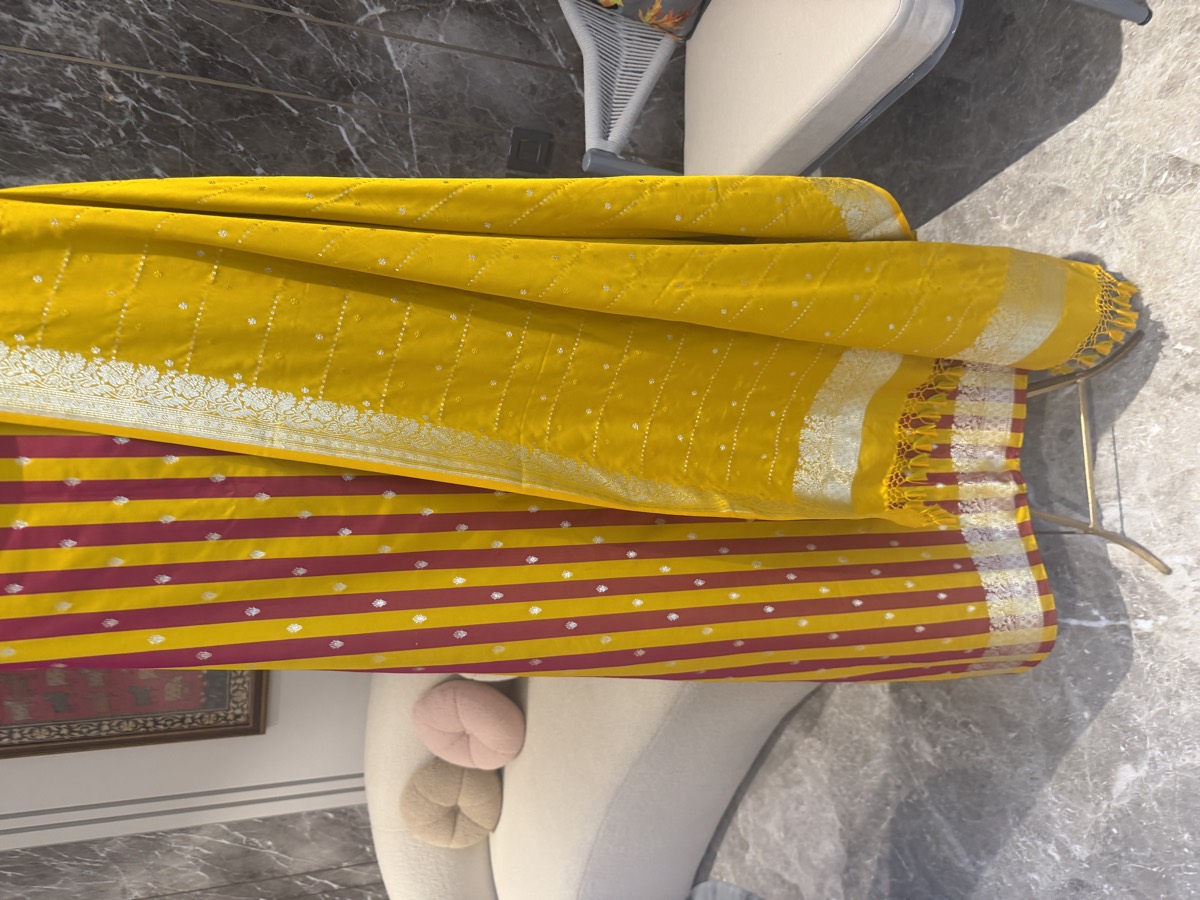 Marigold Yellow Mushroo Satin Striped Unstitched Suit Set — Mushroo Satin, India, view 4