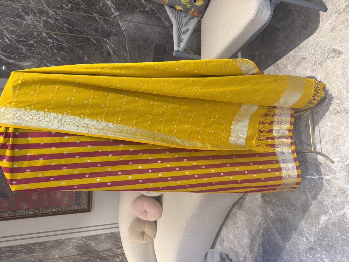 Marigold Yellow Mushroo Satin Striped Unstitched Suit Set — Mushroo Satin, India, view 3