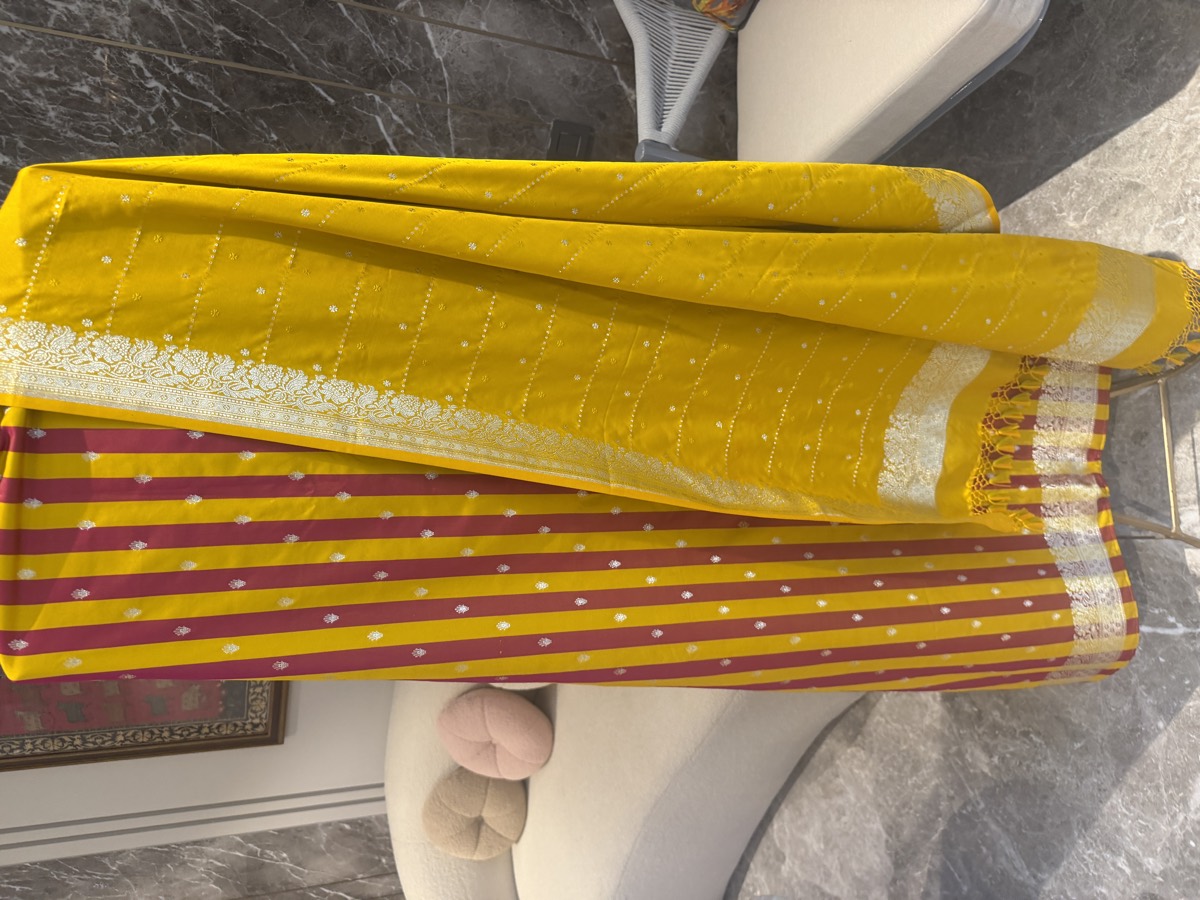 Marigold Yellow Mushroo Satin Striped Unstitched Suit Set — Mushroo Satin, India, view 2
