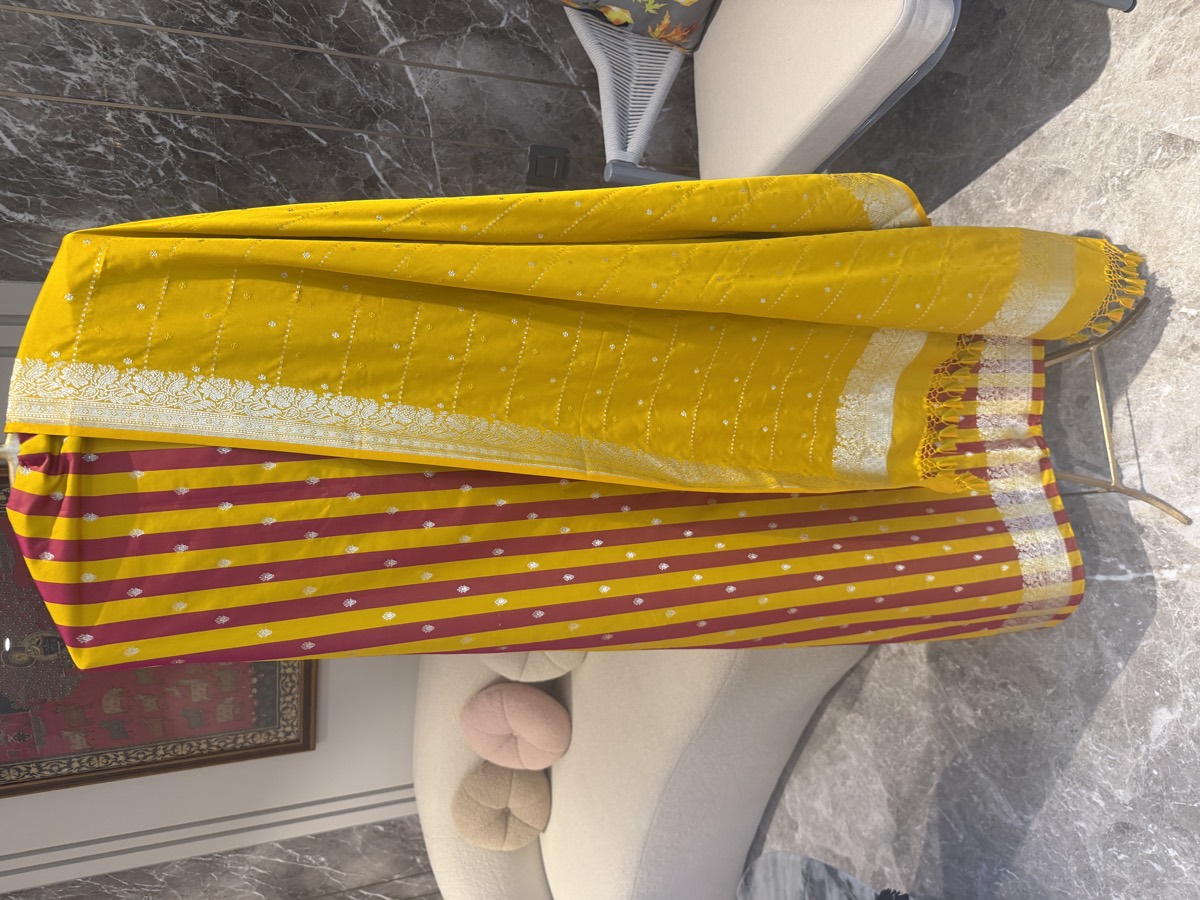 Marigold Yellow Mushroo Satin Striped Unstitched Suit Set — Mushroo Satin, India