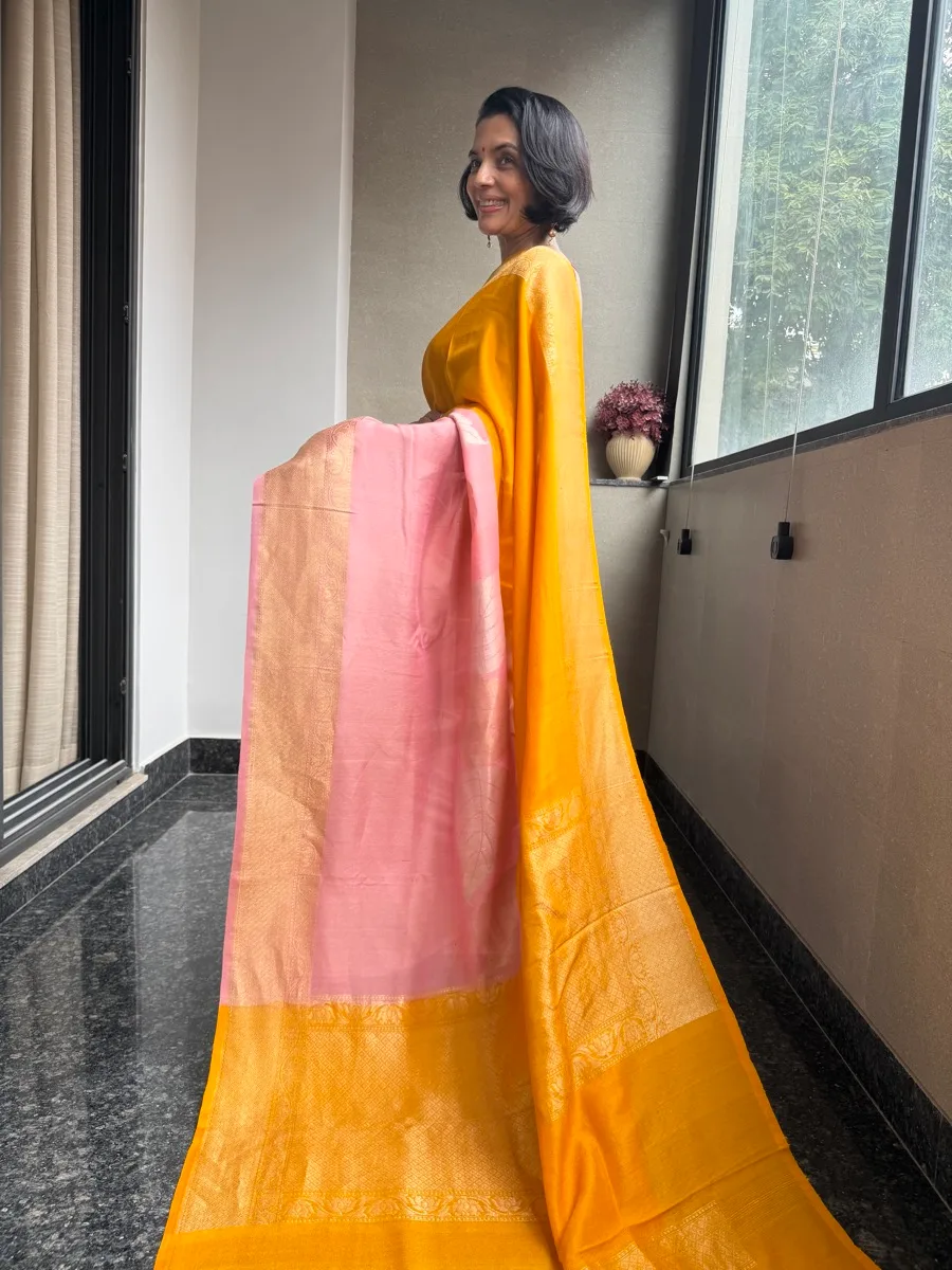 Marigold and blush pure Tussar silk Kaduwa colour-blocked Banarasi saree, view 2