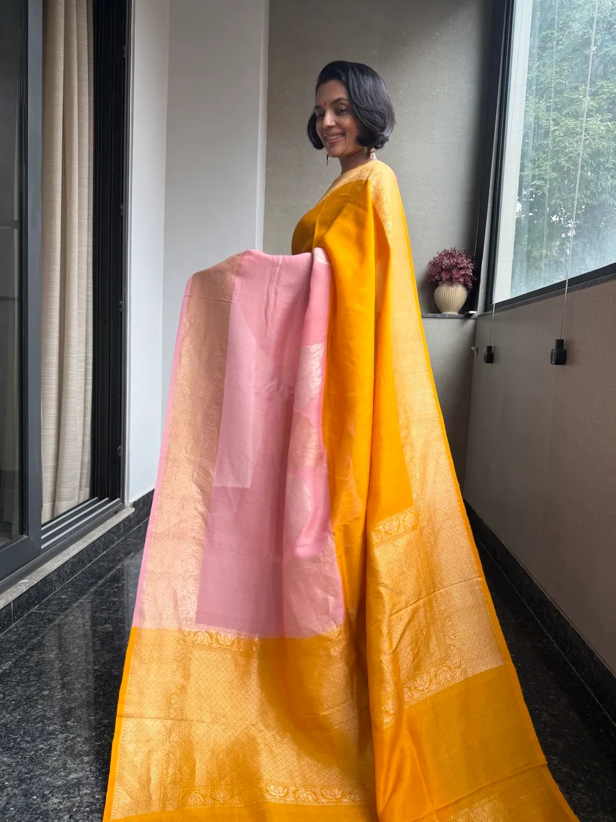 Marigold and blush pure Tussar silk Kaduwa colour-blocked Banarasi saree, view 3