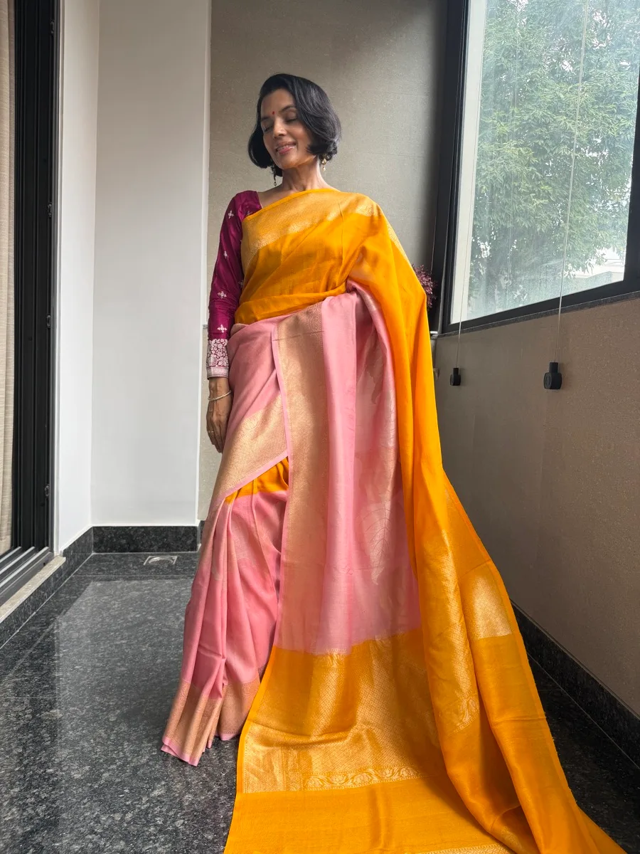Marigold and blush pure Tussar silk Kaduwa colour-blocked Banarasi saree, view 4