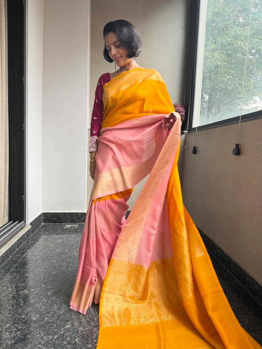 Marigold and blush pure Tussar silk Kaduwa colour-blocked Banarasi saree, view 5