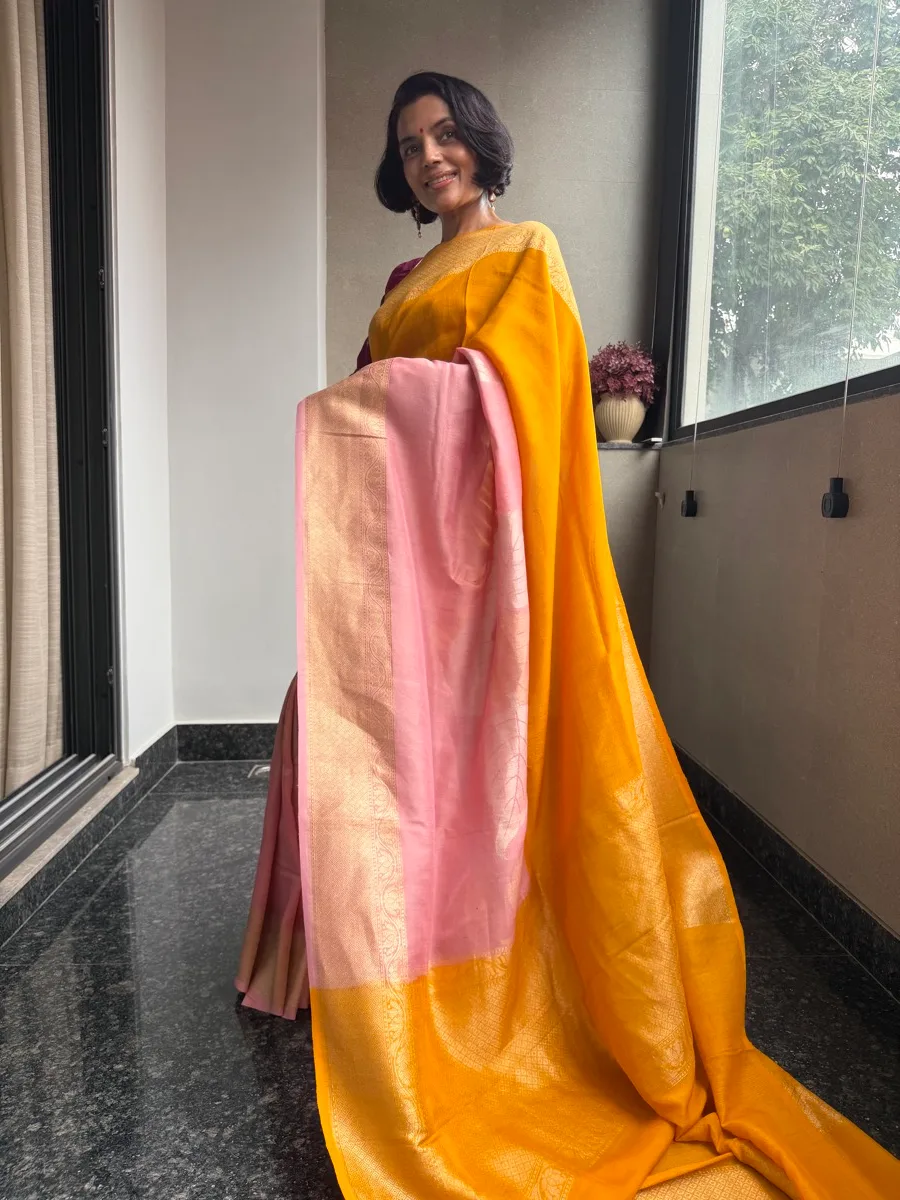 Marigold and blush pure Tussar silk Kaduwa colour-blocked Banarasi saree, view 1