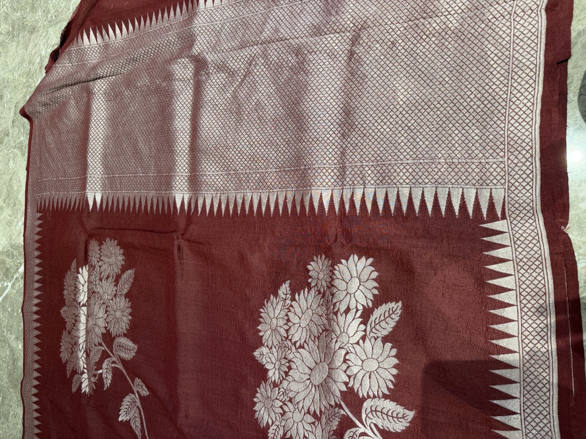 Maroon Pure Tussar Silver Zari Banarasi Saree — Banarasi, Pure Tussar Silk, Varanasi, Uttar Pradesh, view 8
