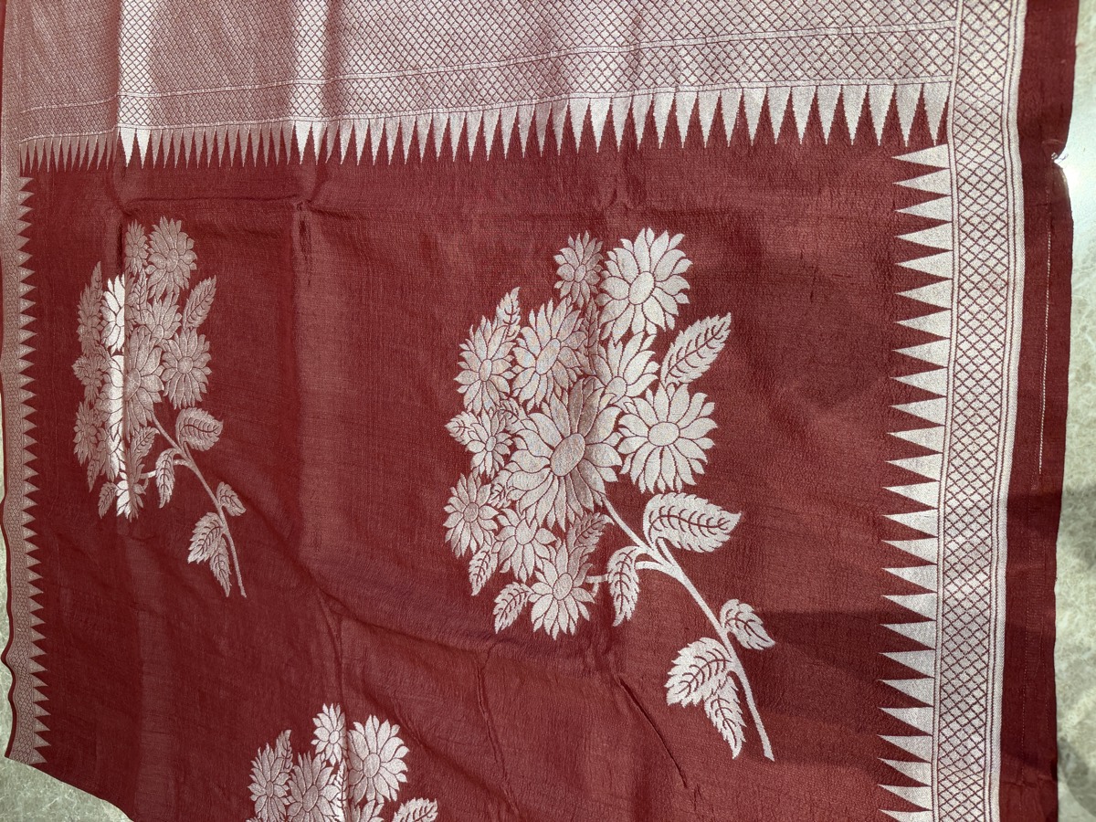 Maroon Pure Tussar Silver Zari Banarasi Saree — Banarasi, Pure Tussar Silk, Varanasi, Uttar Pradesh, view 9