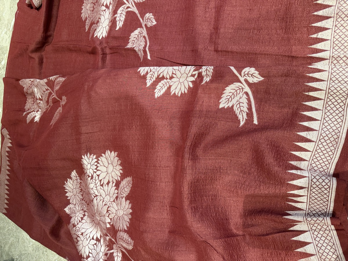 Maroon Pure Tussar Silver Zari Banarasi Saree — Banarasi, Pure Tussar Silk, Varanasi, Uttar Pradesh, view 10