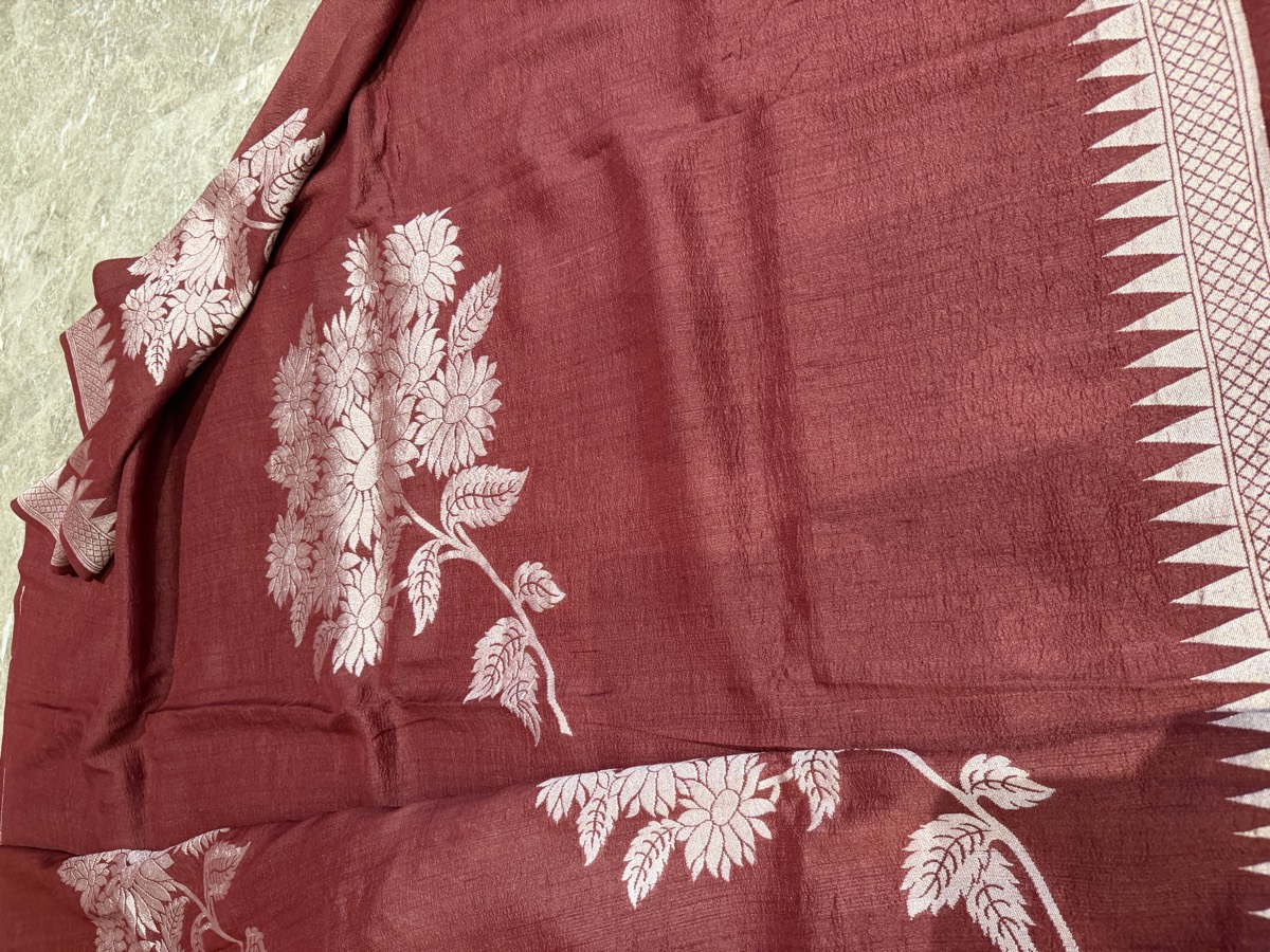 Maroon Pure Tussar Silver Zari Banarasi Saree — Banarasi, Pure Tussar Silk, Varanasi, Uttar Pradesh, view 11