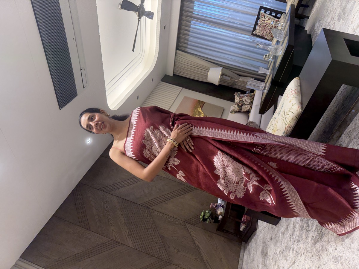 Maroon Pure Tussar Silver Zari Banarasi Saree — Banarasi, Pure Tussar Silk, Varanasi, Uttar Pradesh, view 3