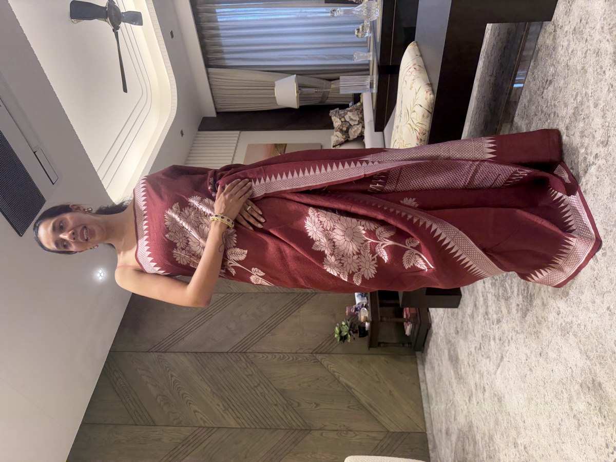 Maroon Pure Tussar Silver Zari Banarasi Saree — Banarasi, Pure Tussar Silk, Varanasi, Uttar Pradesh