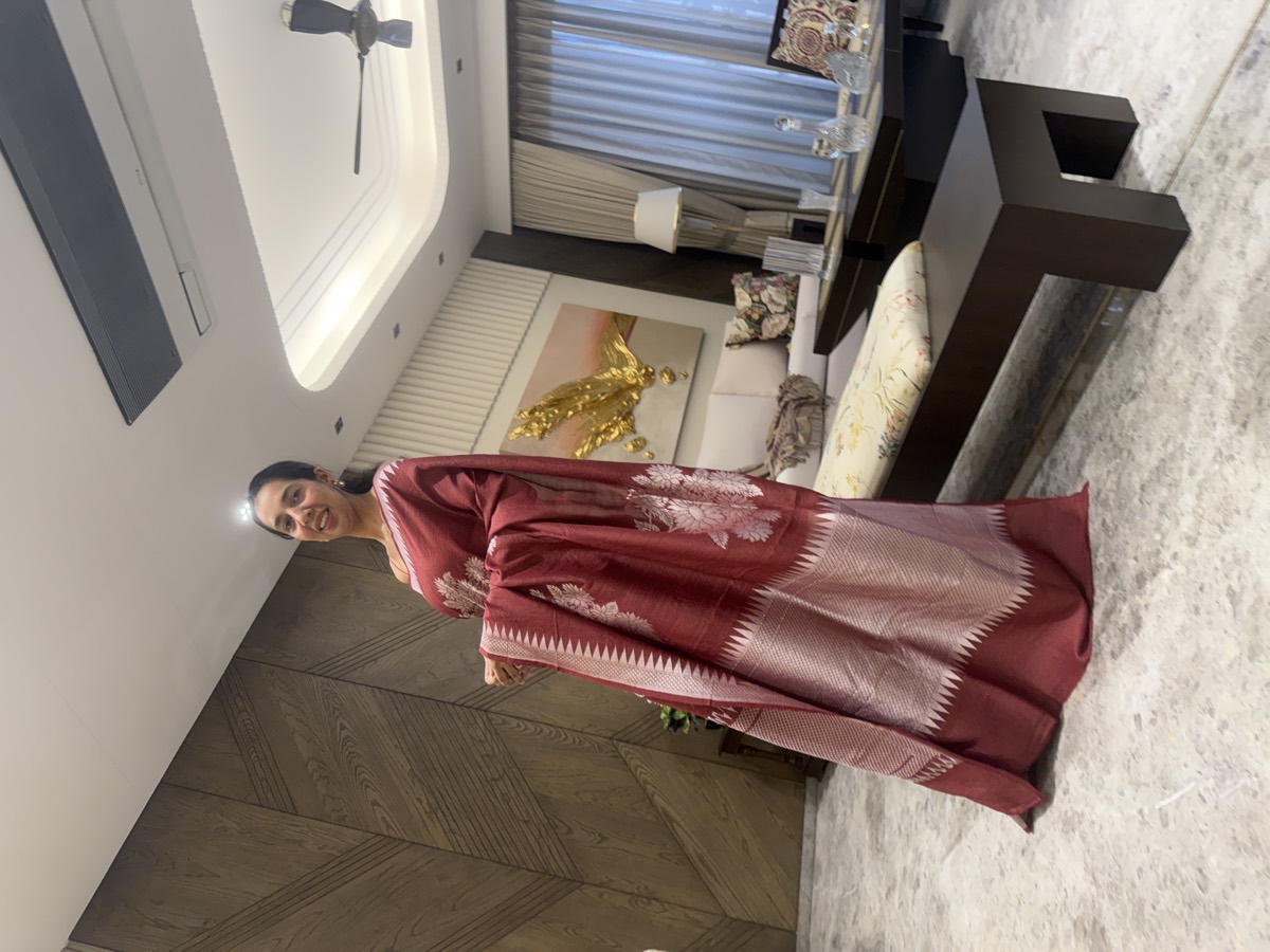 Maroon Pure Tussar Silver Zari Banarasi Saree — Banarasi, Pure Tussar Silk, Varanasi, Uttar Pradesh, view 5