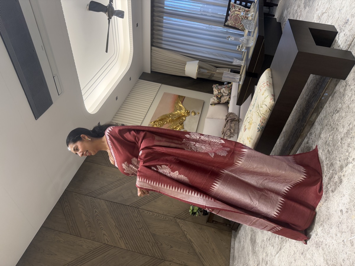 Maroon Pure Tussar Silver Zari Banarasi Saree — Banarasi, Pure Tussar Silk, Varanasi, Uttar Pradesh, view 7