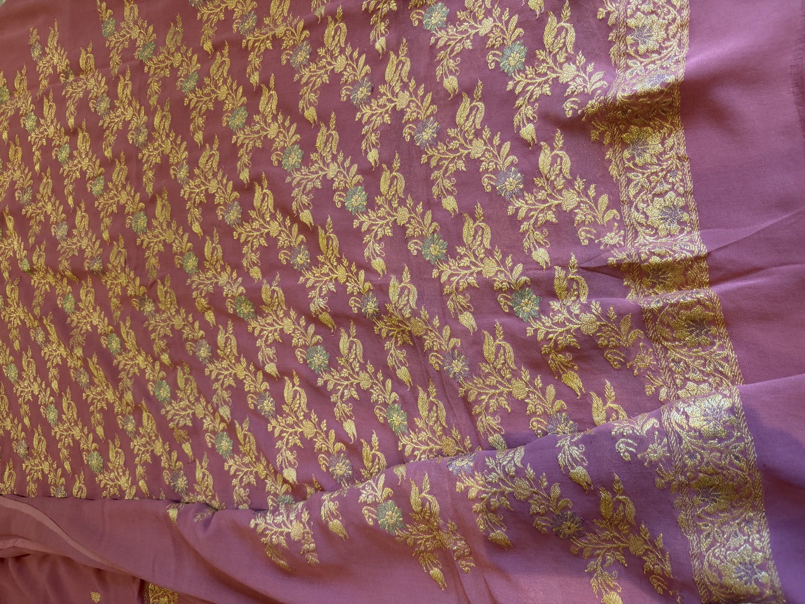 Mauve Khaddi Georgette Unstitched Suit Set with Kaduwa Meena Weave — Khaddi Georgette, Varanasi, Uttar Pradesh, view 2