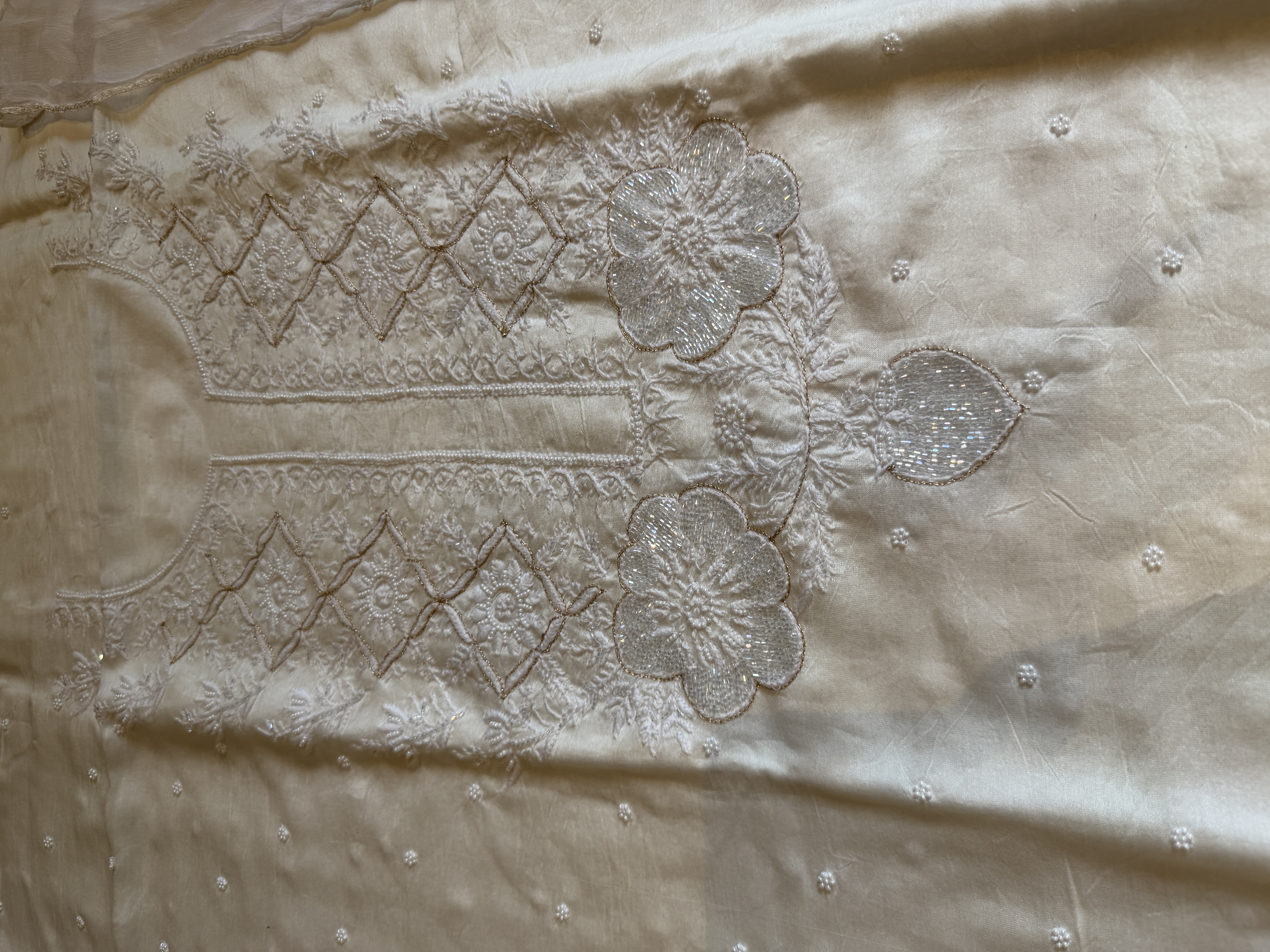 Monga Tussar Hand Embroidered Suit Set with French Chiffon Lace Dupatta — Monga Tussar Silk, Varanasi & Lucknow, view 4