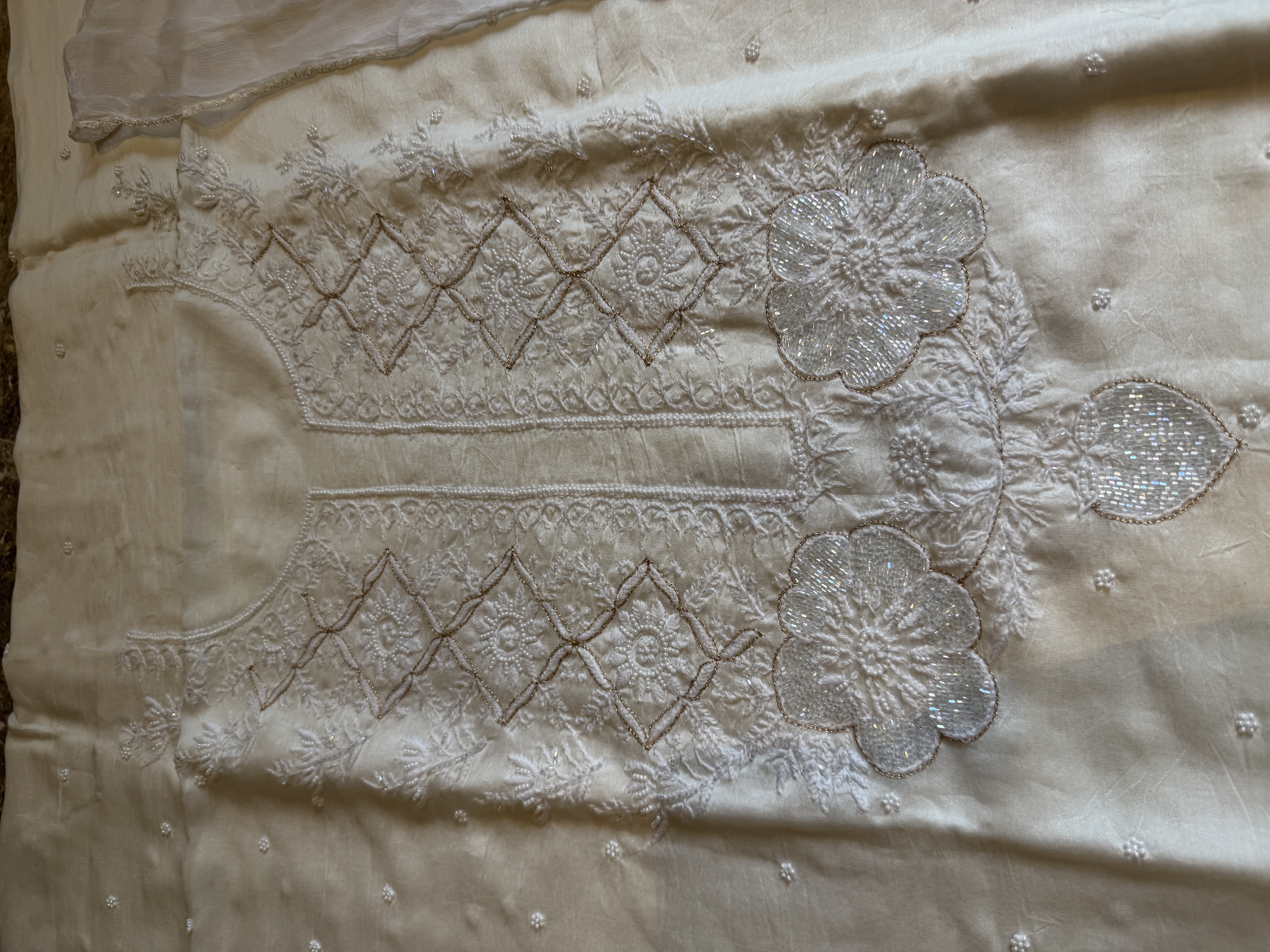 Monga Tussar Hand Embroidered Suit Set with French Chiffon Lace Dupatta — Monga Tussar Silk, Varanasi & Lucknow, view 5