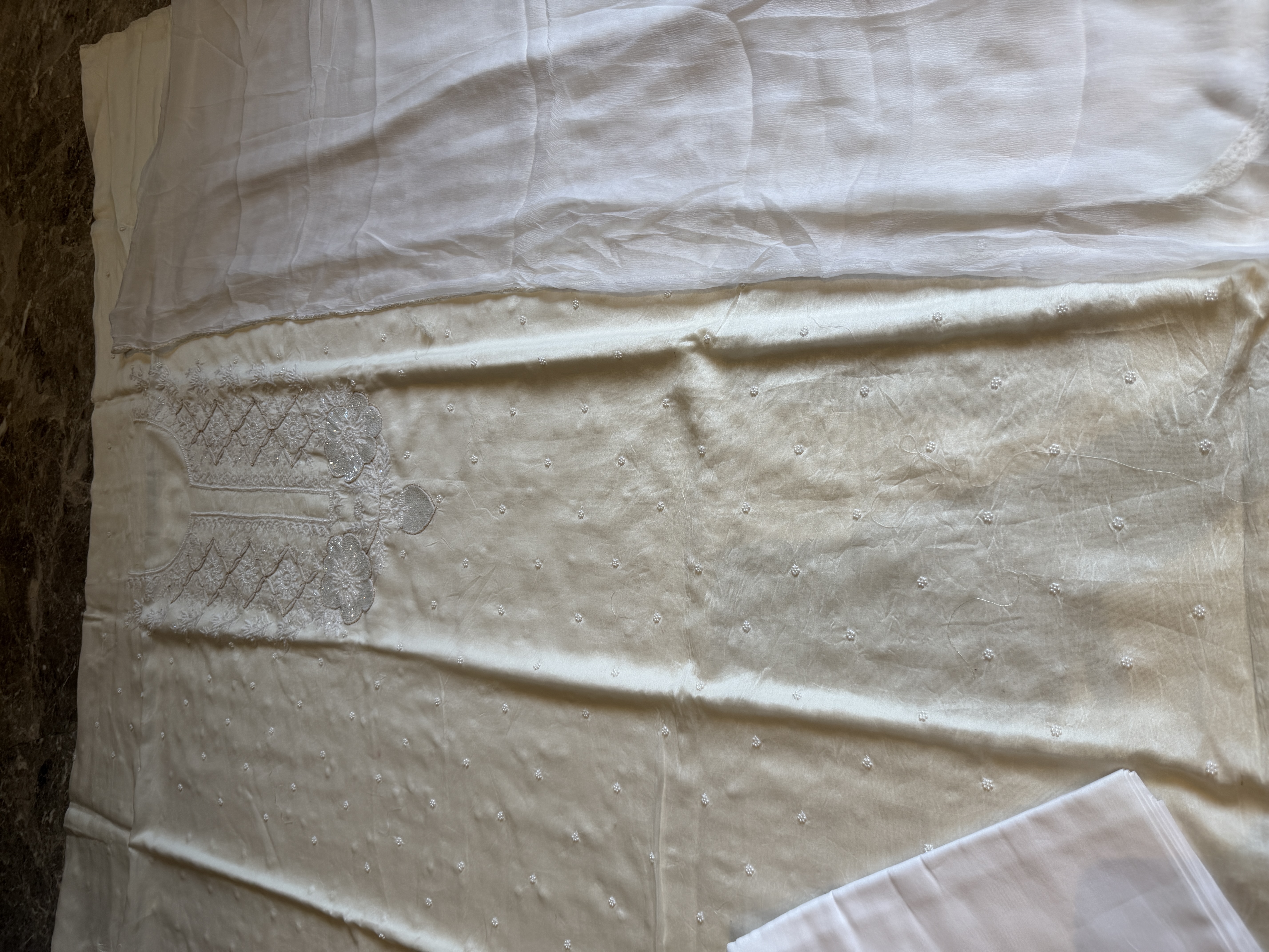 Monga Tussar Hand Embroidered Suit Set with French Chiffon Lace Dupatta — Monga Tussar Silk, Varanasi & Lucknow, view 3