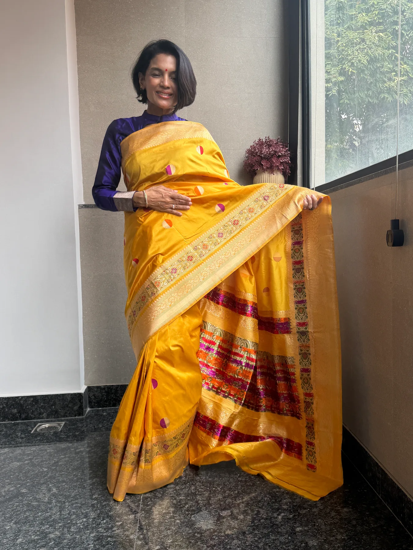 Mustard Gold Pure Katan Silk Kaduwa Meena Circle Banarasi Saree — Banarasi, Pure Katan Silk