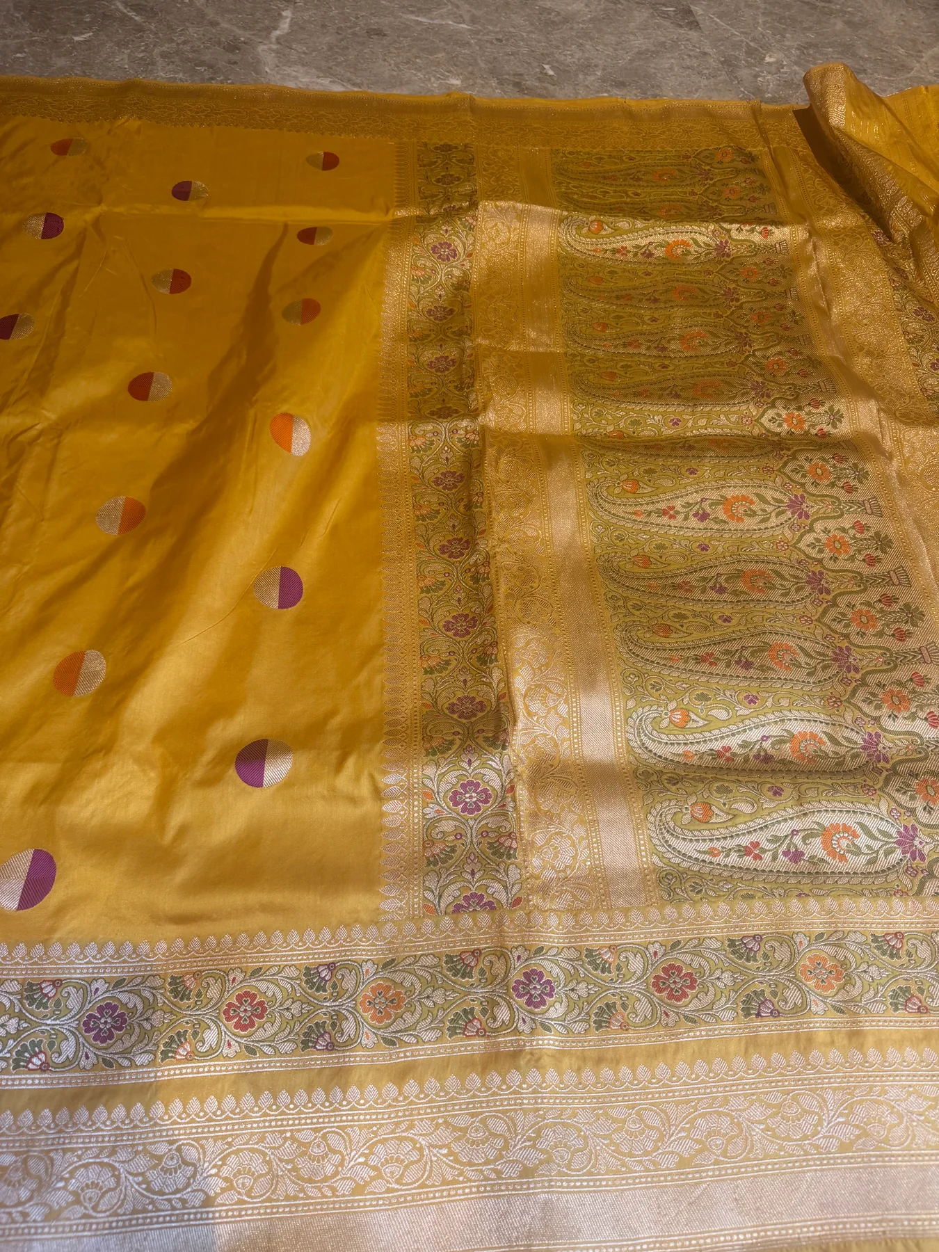Mustard Gold Pure Katan Silk Kaduwa Meena Circle Banarasi Saree — Banarasi, Pure Katan Silk, view 11