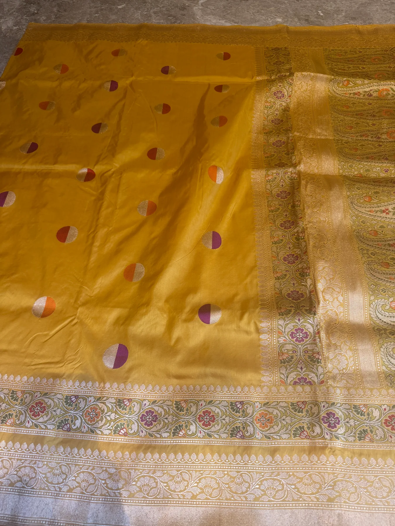 Mustard Gold Pure Katan Silk Kaduwa Meena Circle Banarasi Saree — Banarasi, Pure Katan Silk, view 12