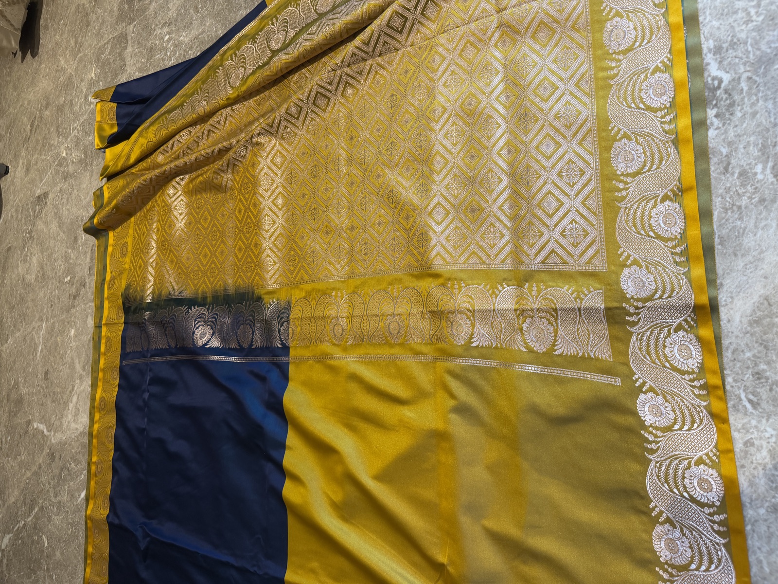 Mustard & Navy Colour-Blocked Mushroo Silk Banarasi Saree — Banarasi, Mushroo Silk, Varanasi, Uttar Pradesh, view 8